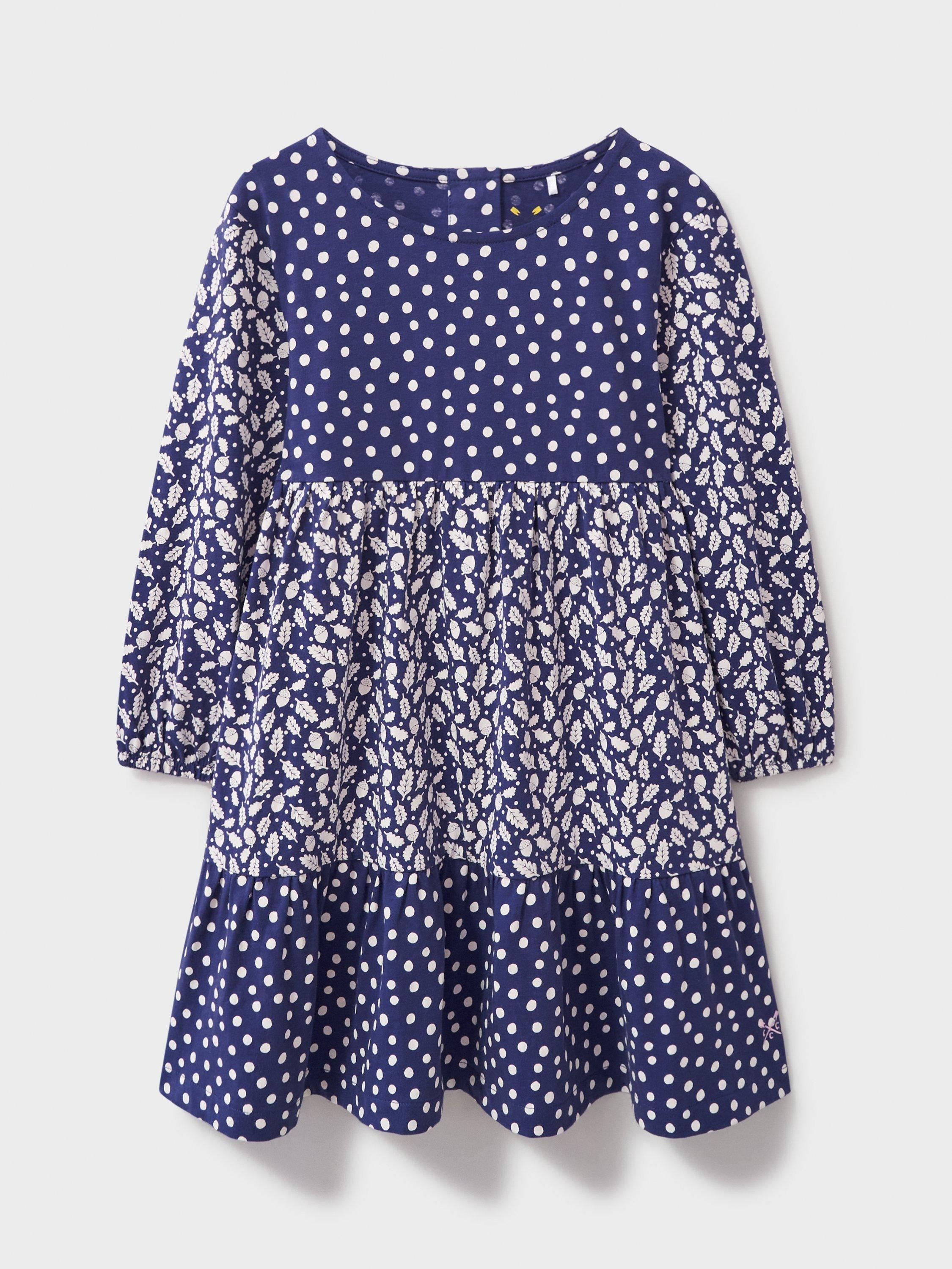 Product image 1 of 3, which shows Crew Clothing Kids' Long Sleeve Printed Tiered Jersey Dress, Navy/White, 8-9 years
