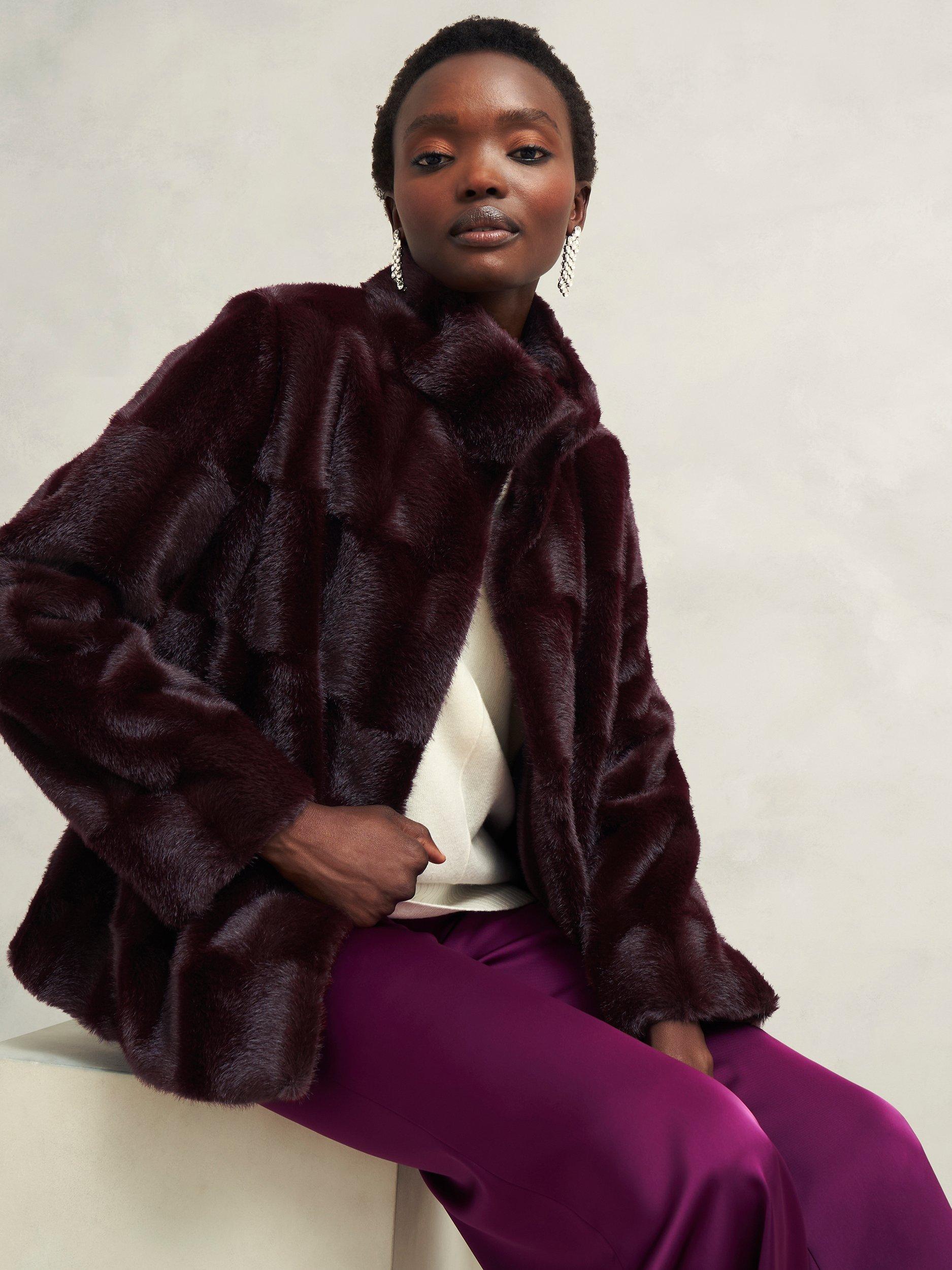 Product image 7 of 7, which shows Hobbs Andrea Faux Fur Coat, Wine, XS