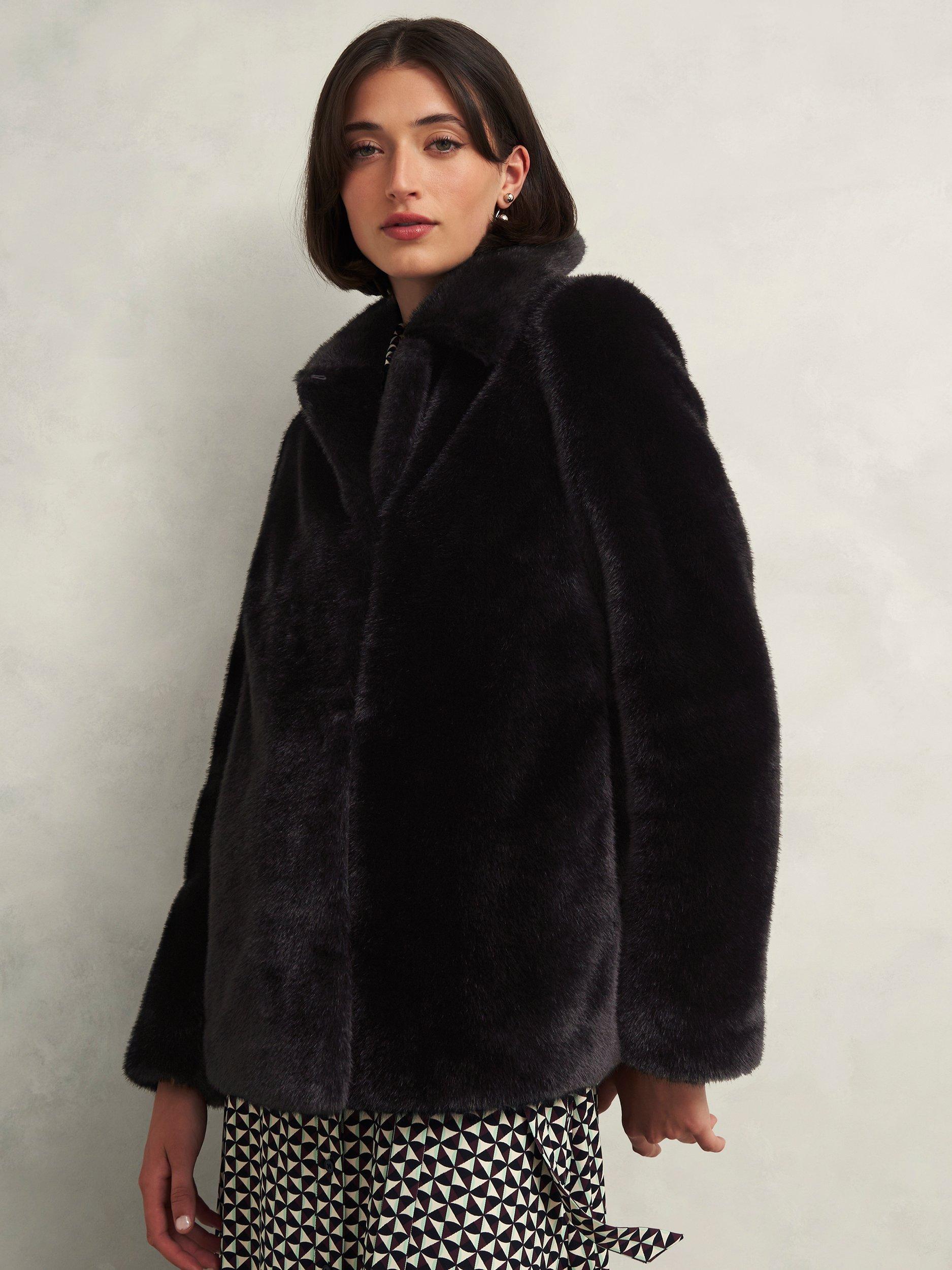 Product image 1 of 6, which shows Hobbs Dania Faux Fur Coat, Black, L