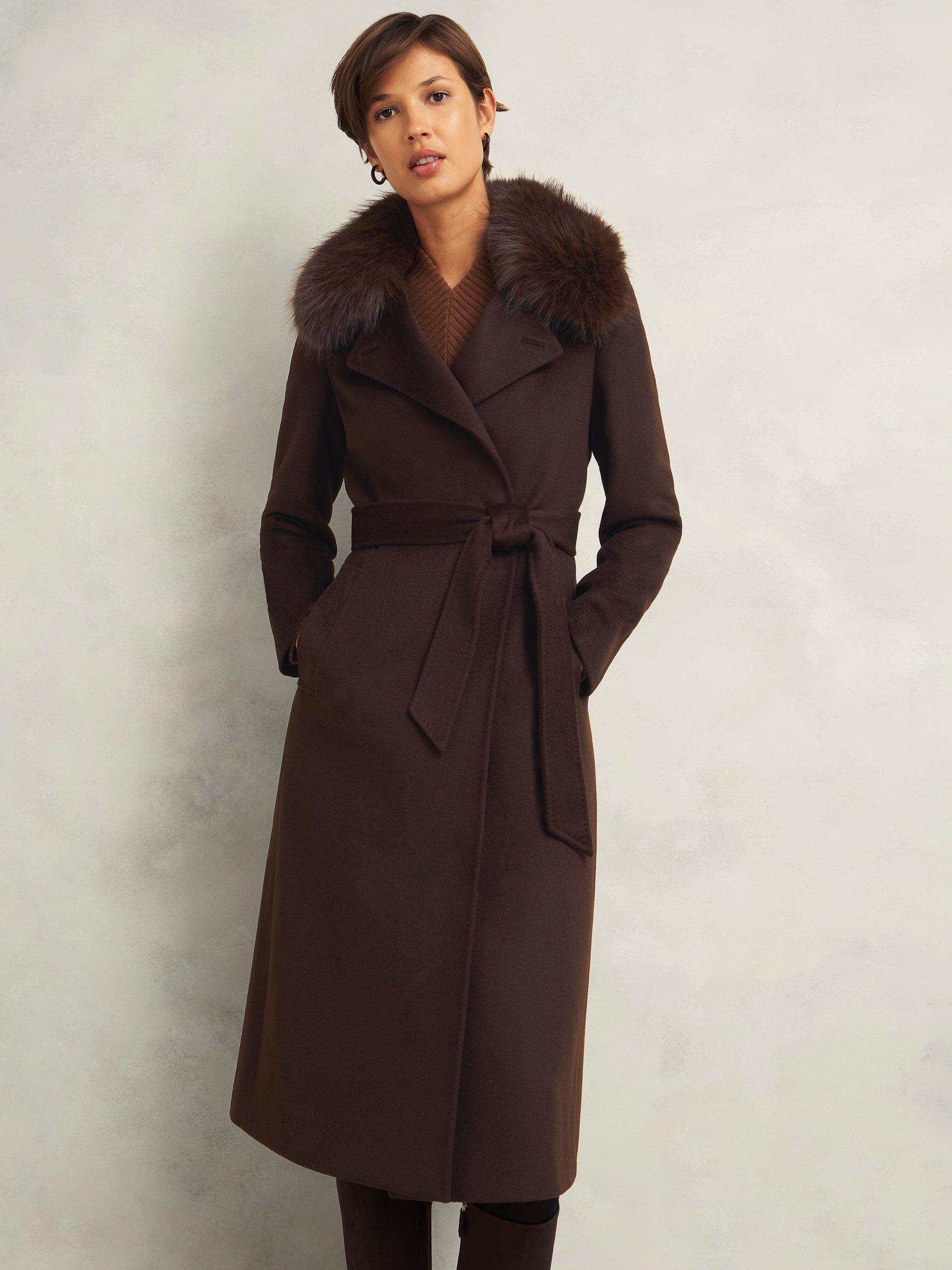 Hobbs Livia Faux Fur Collar Pure Wool Coat, Alder Brown