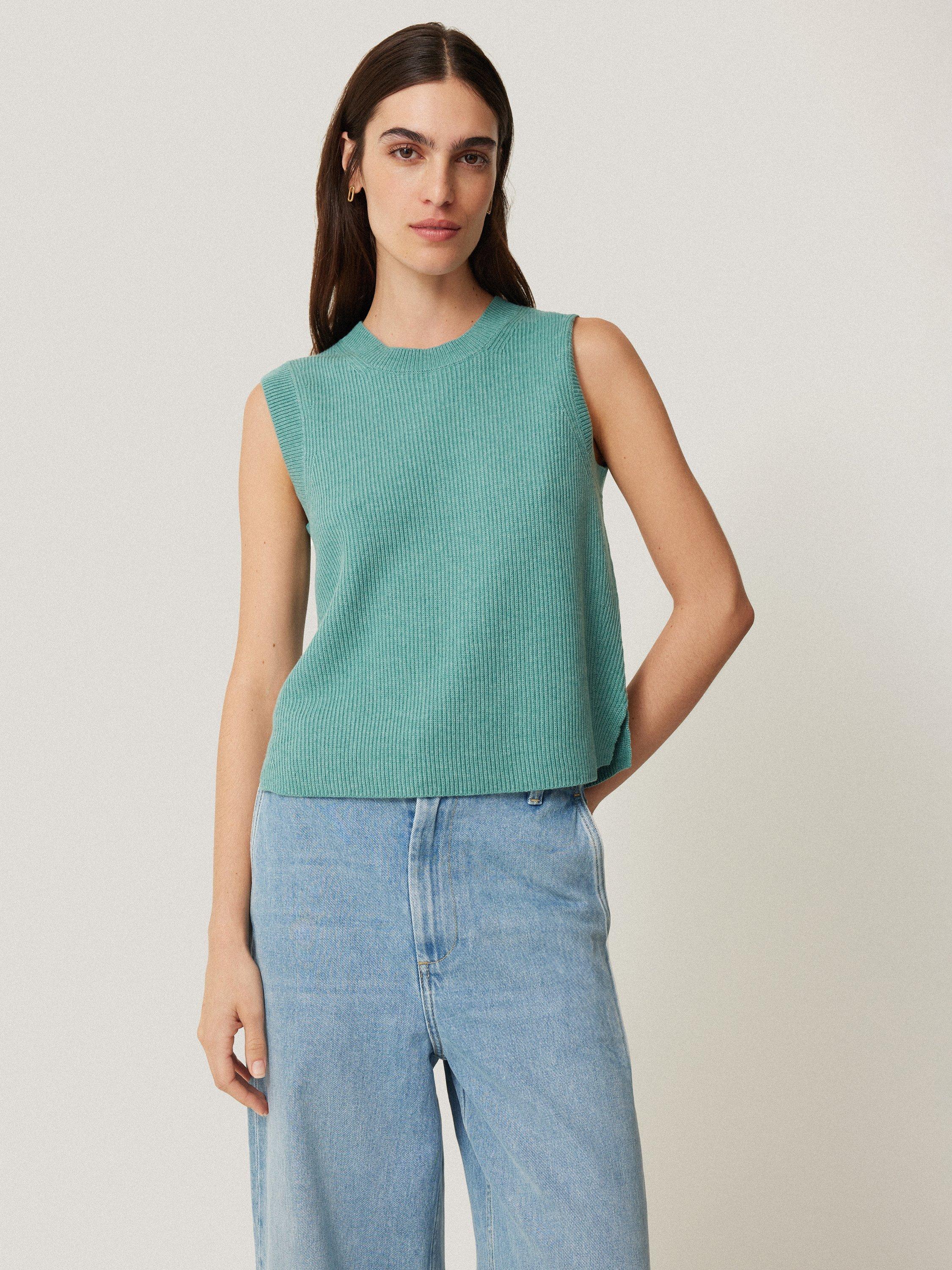 Product image 1 of 6, which shows Jigsaw Cotton Wool Blend Rib Knit Tank Top, Duck Egg, S