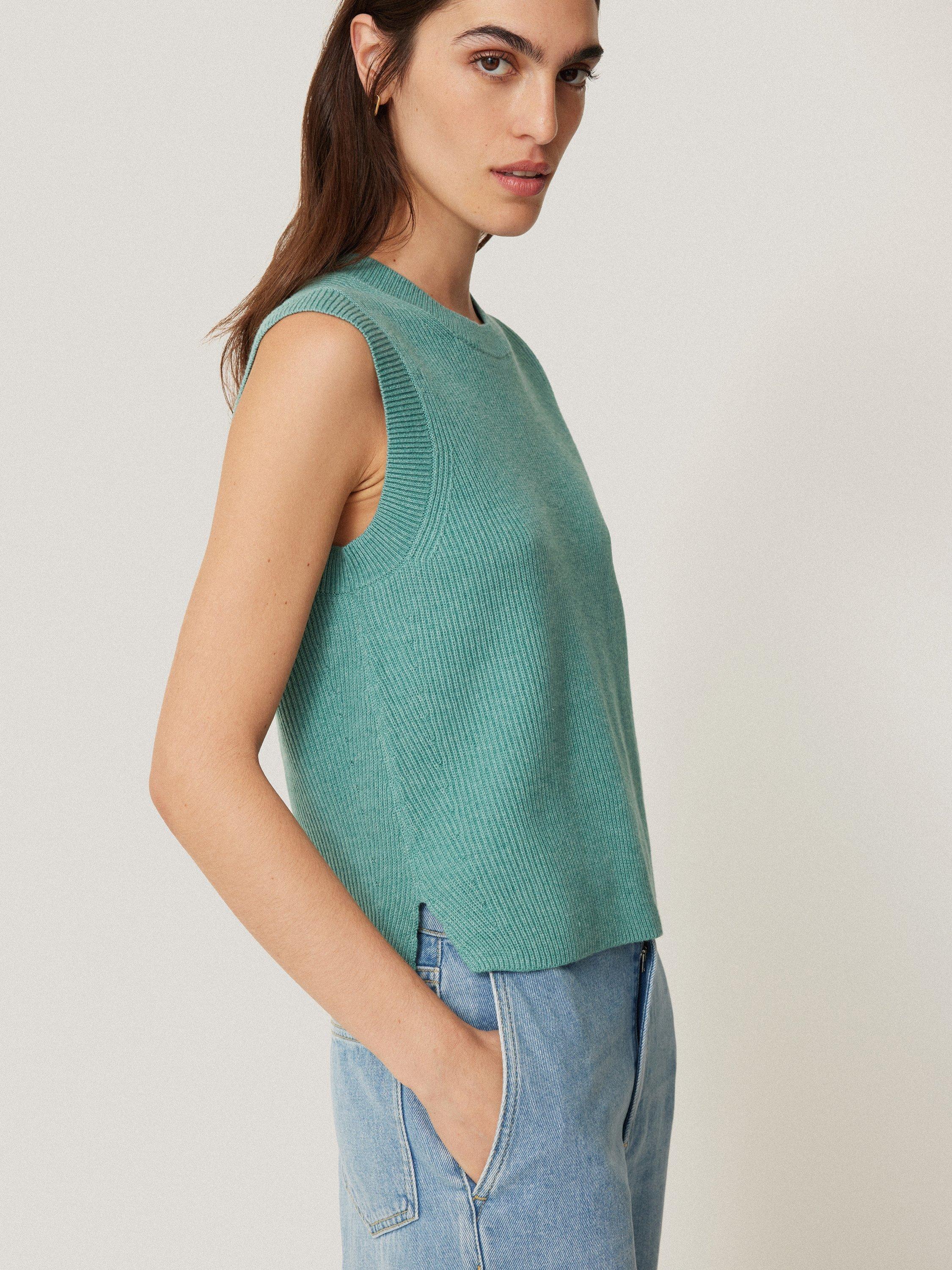 Product image 3 of 6, which shows Jigsaw Cotton Wool Blend Rib Knit Tank Top, Duck Egg, S