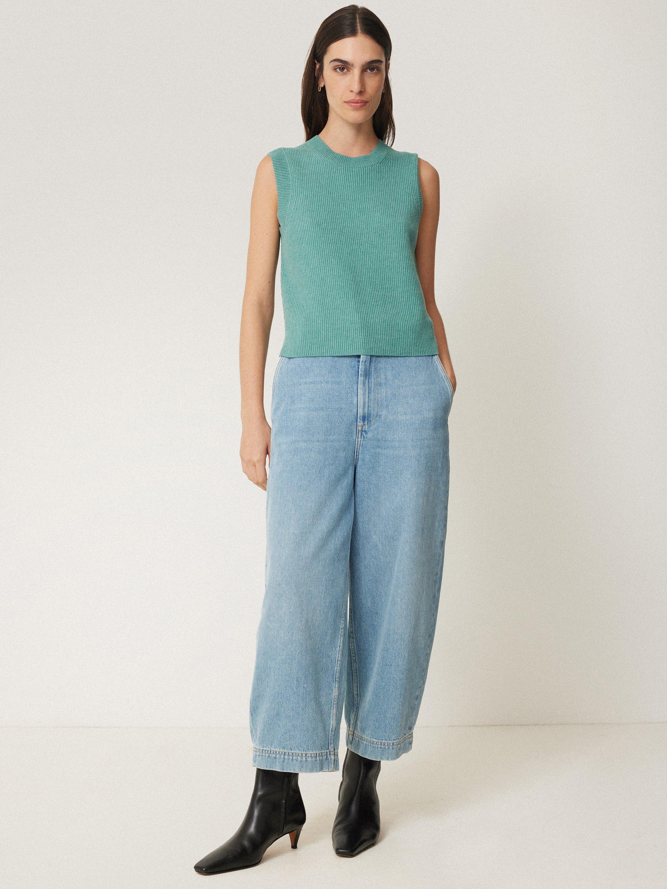 Product image 4 of 6, which shows Jigsaw Cotton Wool Blend Rib Knit Tank Top, Duck Egg, S
