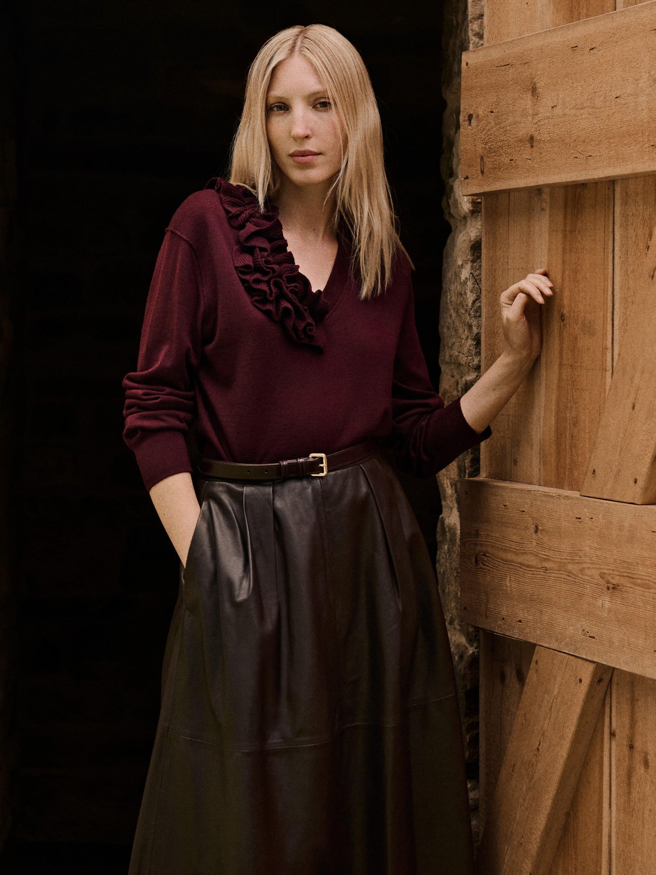 Jigsaw Ruffle Pure Merino Wool Jumper, Burgundy