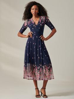 Jolie Moi Stella Floral Print Wrap Mesh Maxi Dress, Navy/Pink, Navy/Pink