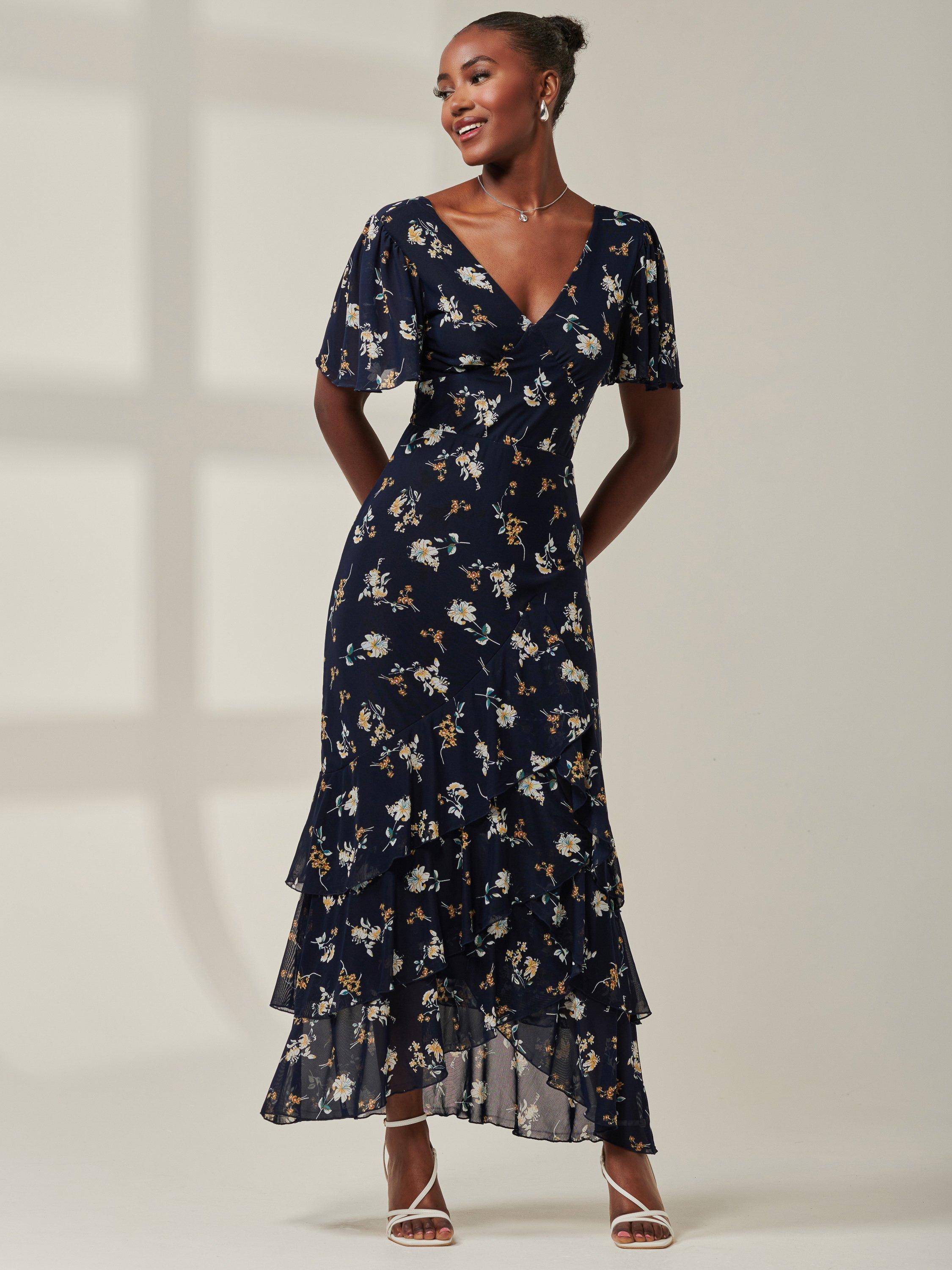 Product image 3 of 6, which shows Jolie Moi Floral Angel Sleeve Tiered Maxi Dress, Navy/Multi, 8
