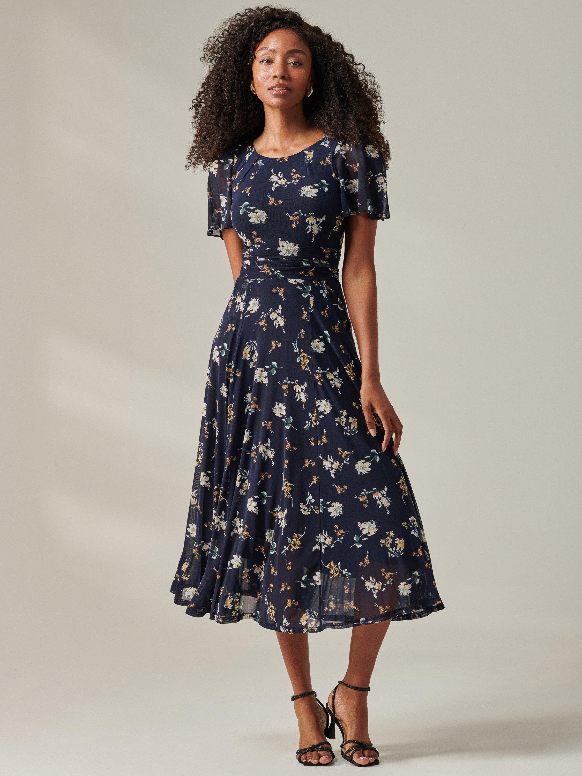 Product image 1 of 6, which shows Jolie Moi Harlie Floral Mesh Maxi Dress, Navy, 8