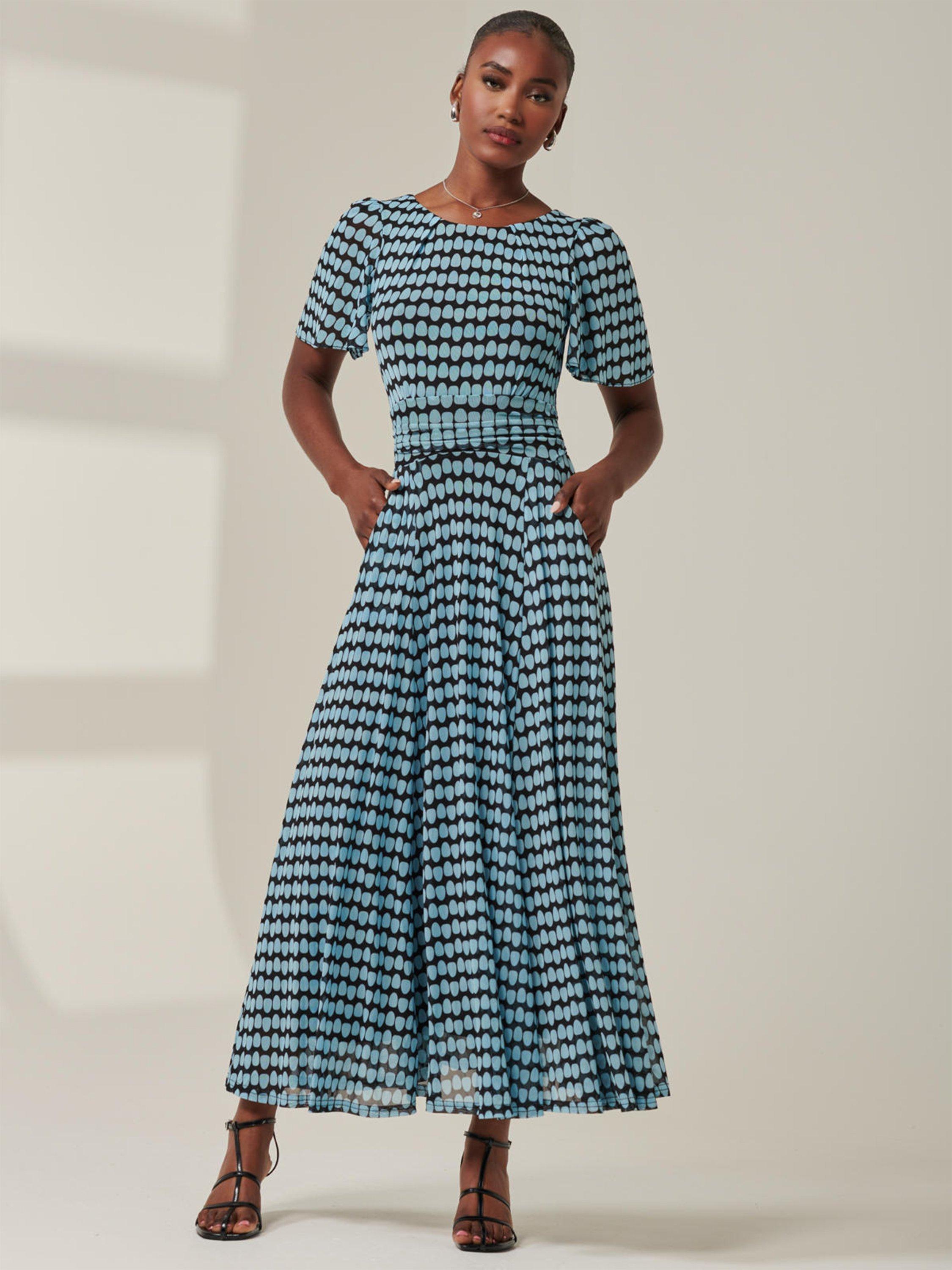 Product image 1 of 7, which shows Jolie Moi Spot Print Mesh Maxi Dress, Blue, 8