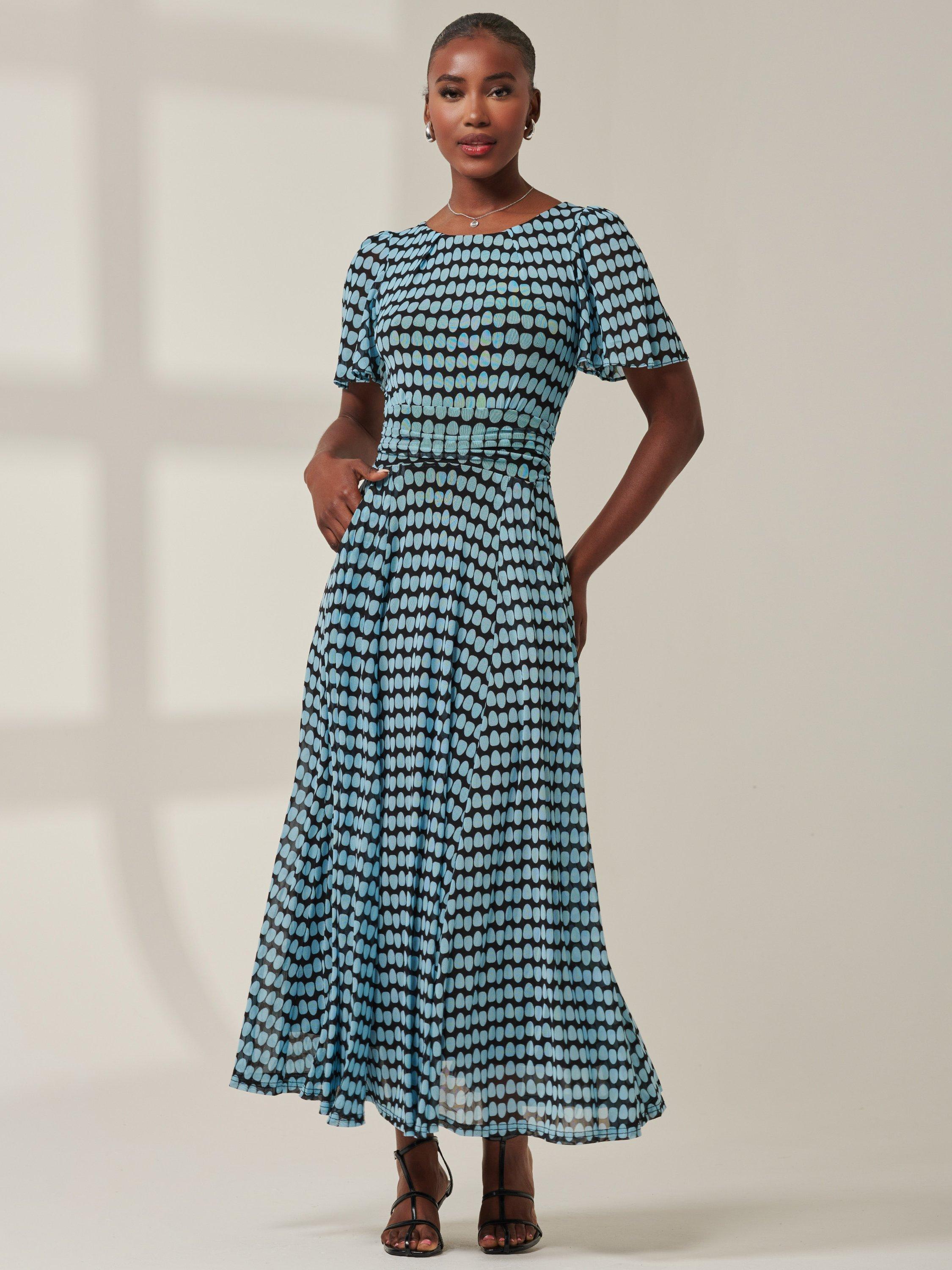 Product image 6 of 7, which shows Jolie Moi Spot Print Mesh Maxi Dress, Blue, 8