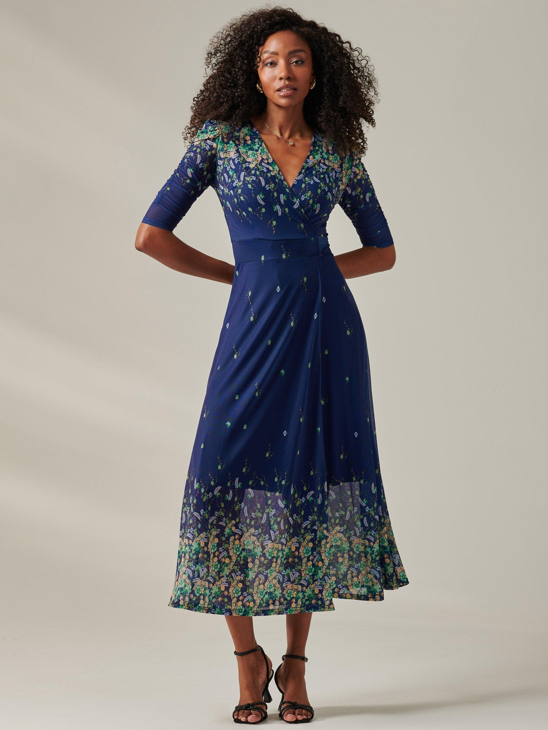 Jolie Moi Stella Floral Print Wrap Mesh Maxi Dress, Blue/Yellow
