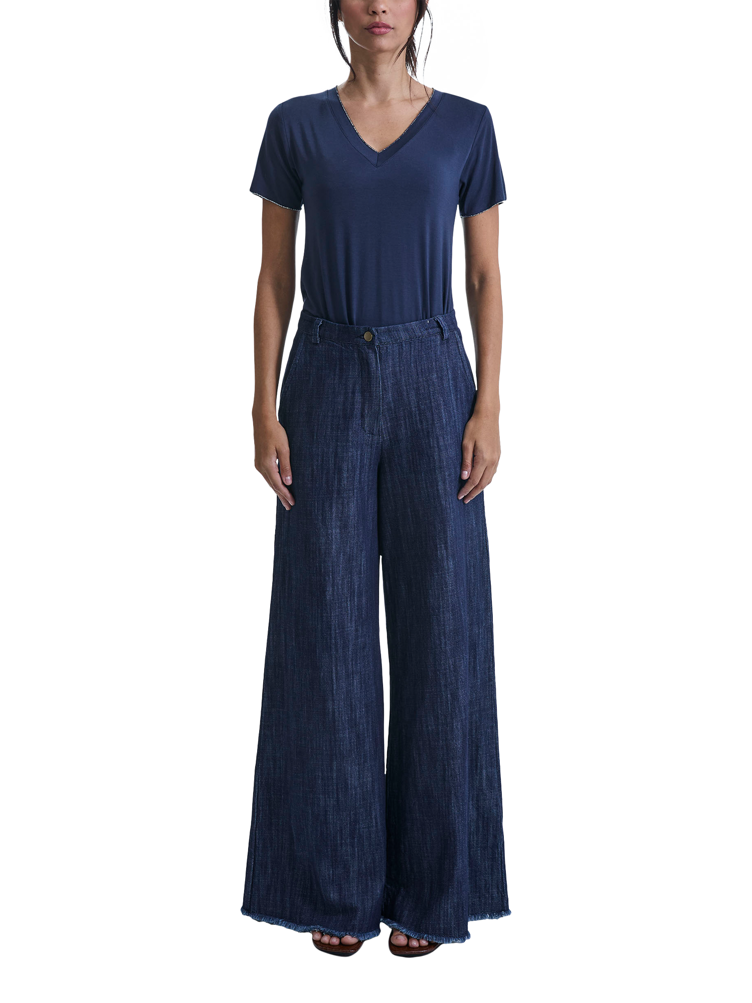 Product image 1 of 6, which shows James Lakeland Frayed Wide Leg Jeans, Denim, 8