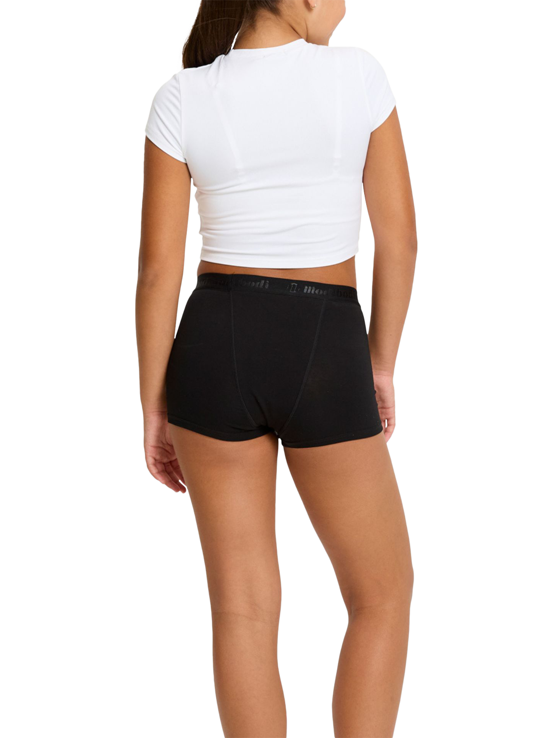 Product image 4 of 6, which shows Modibodi Teen Hipster Boyshort Period Knickers, Moderate Absorbency, Black, 8-10