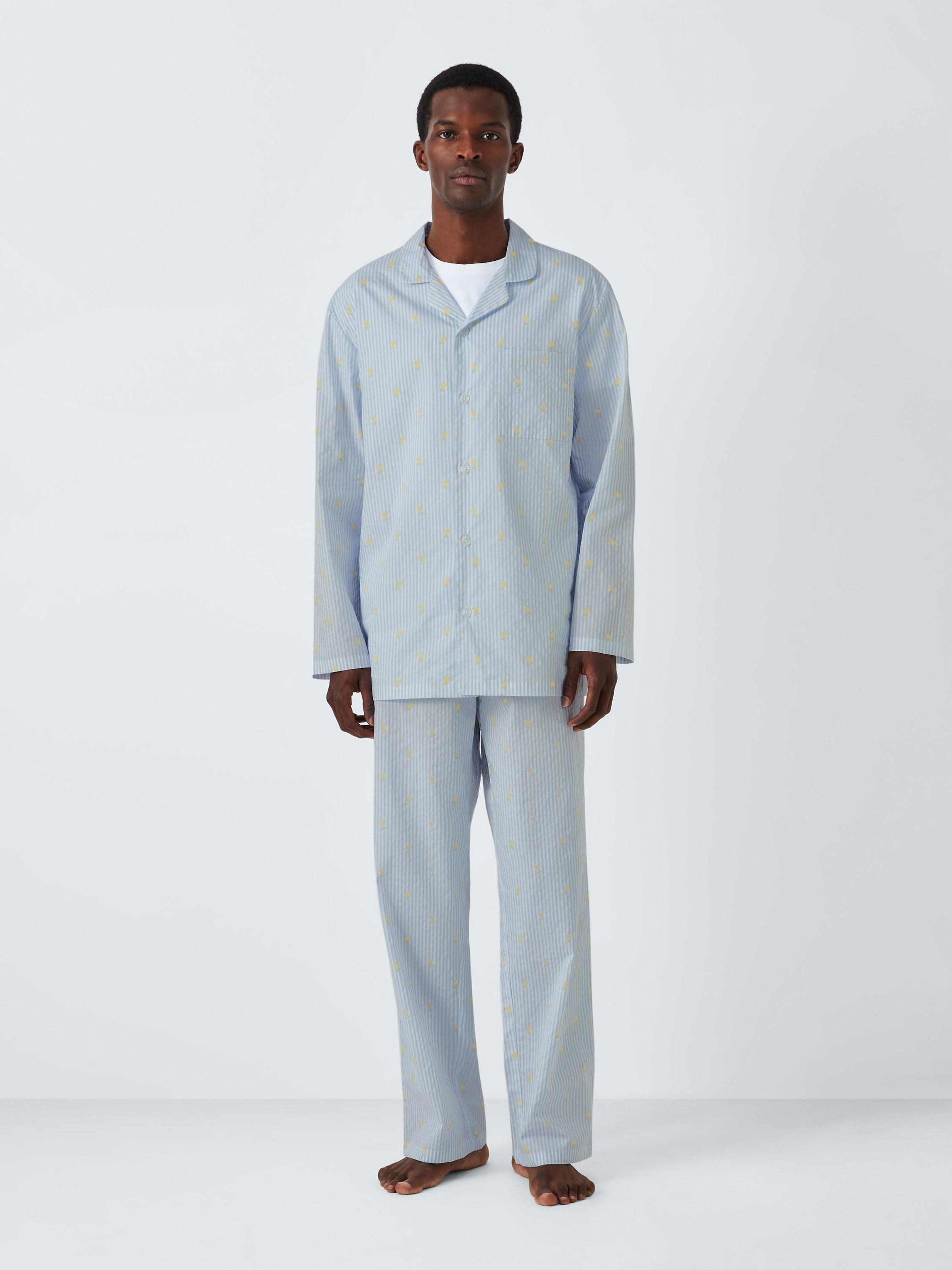 Product image 1 of 6, which shows John Lewis Organic Cotton Sunflower Stripe Pyjama Set, Blue Mid, S