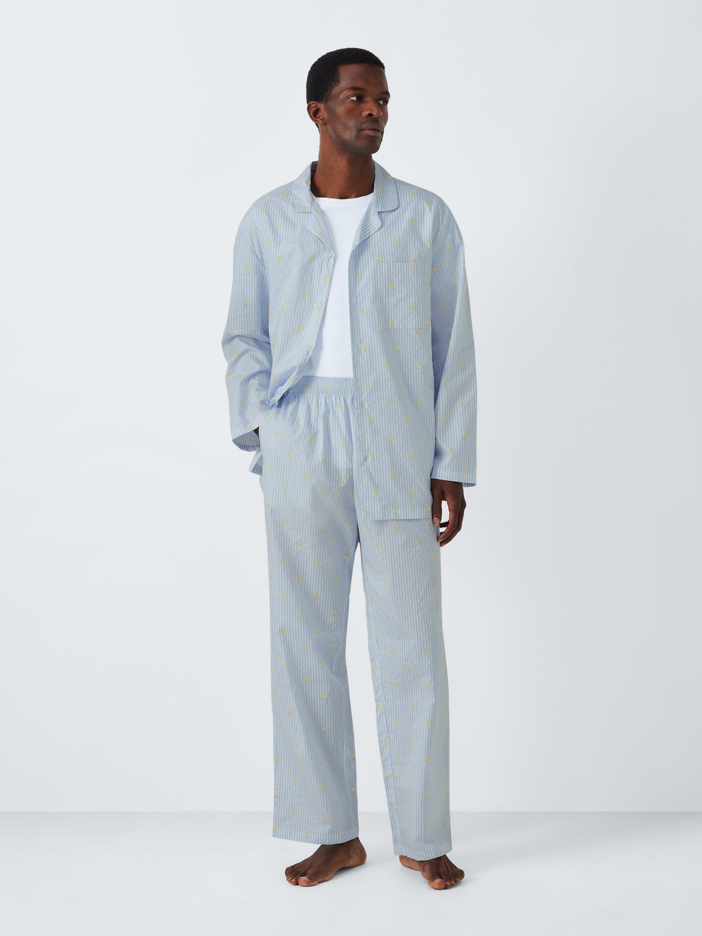 Product image 3 of 6, which shows John Lewis Organic Cotton Sunflower Stripe Pyjama Set, Blue Mid, S