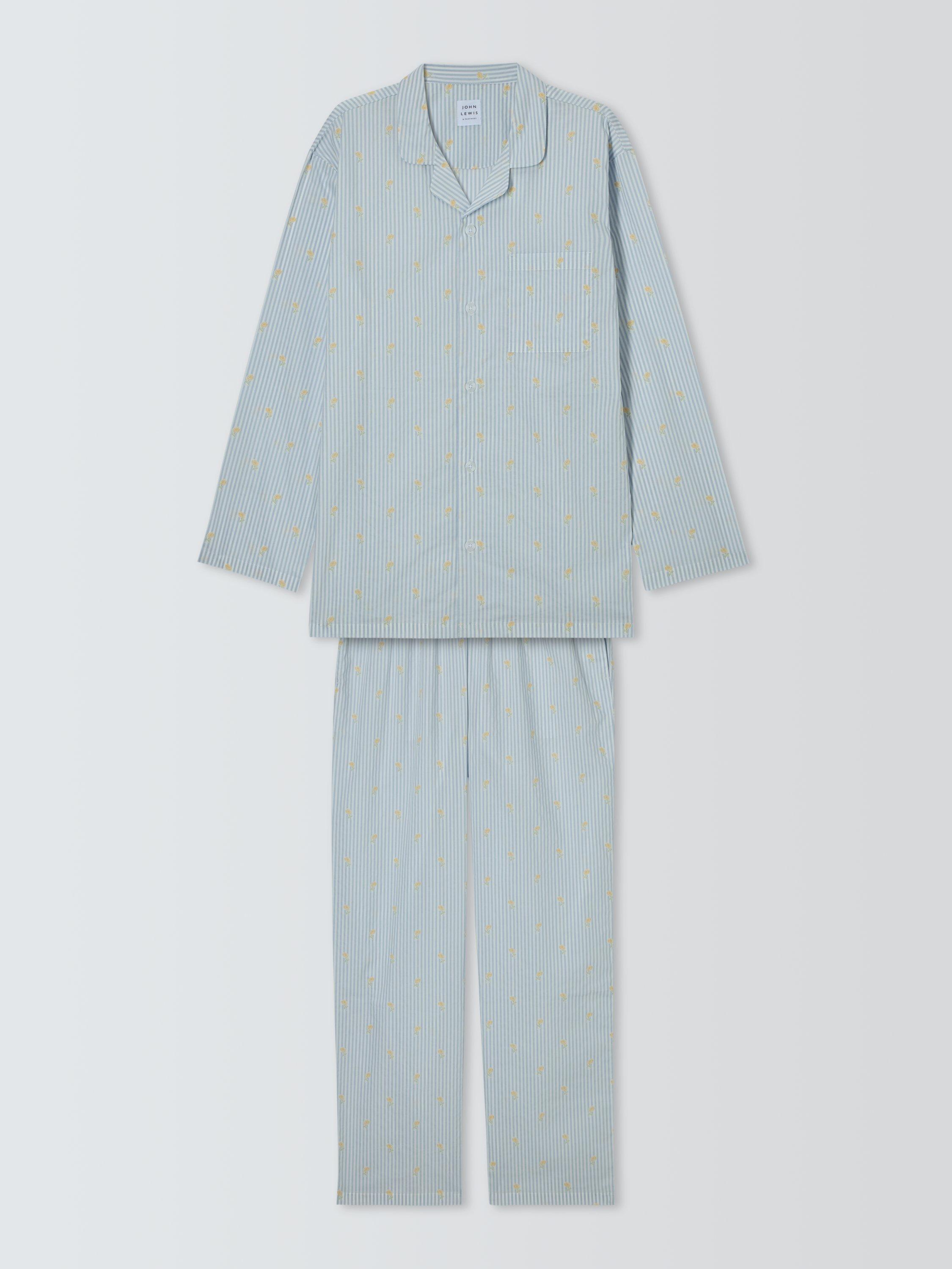 Product image 4 of 6, which shows John Lewis Organic Cotton Sunflower Stripe Pyjama Set, Blue Mid, S