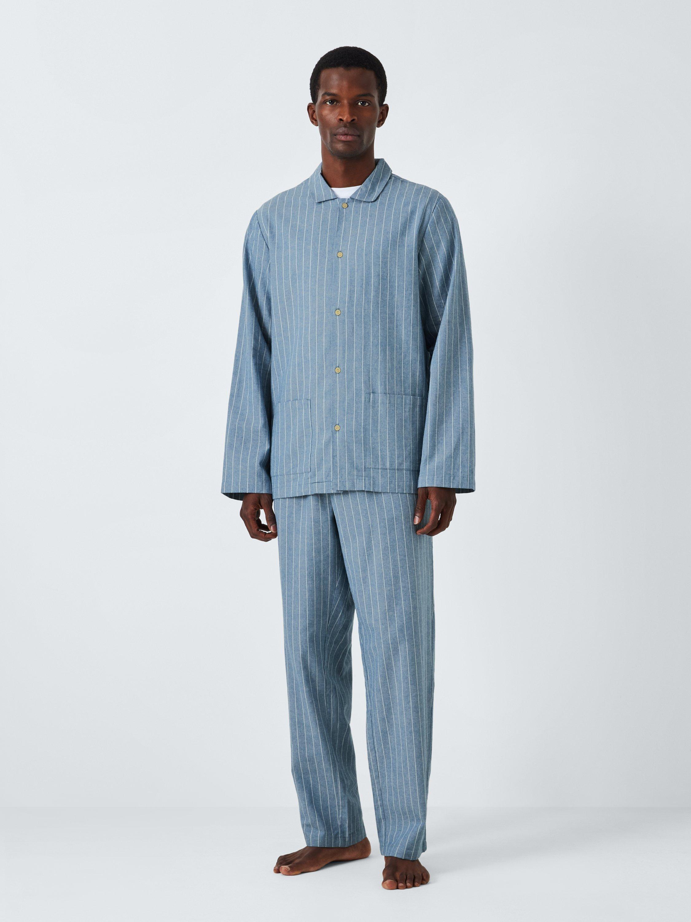Product image 1 of 6, which shows John Lewis Organic Cotton Utility Stripe Pyjama Set, Blue Mid, S