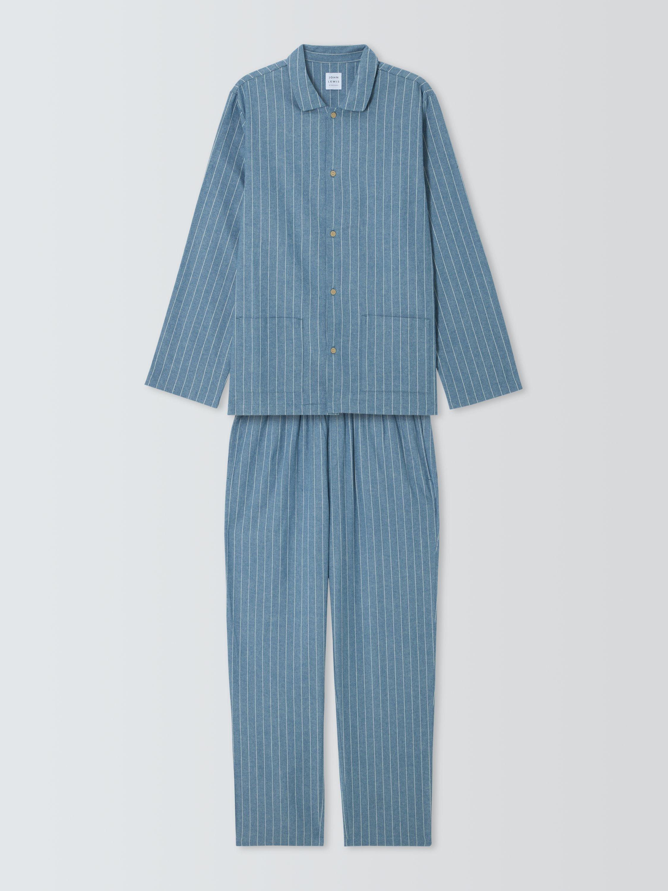 Product image 4 of 6, which shows John Lewis Organic Cotton Utility Stripe Pyjama Set, Blue Mid, S