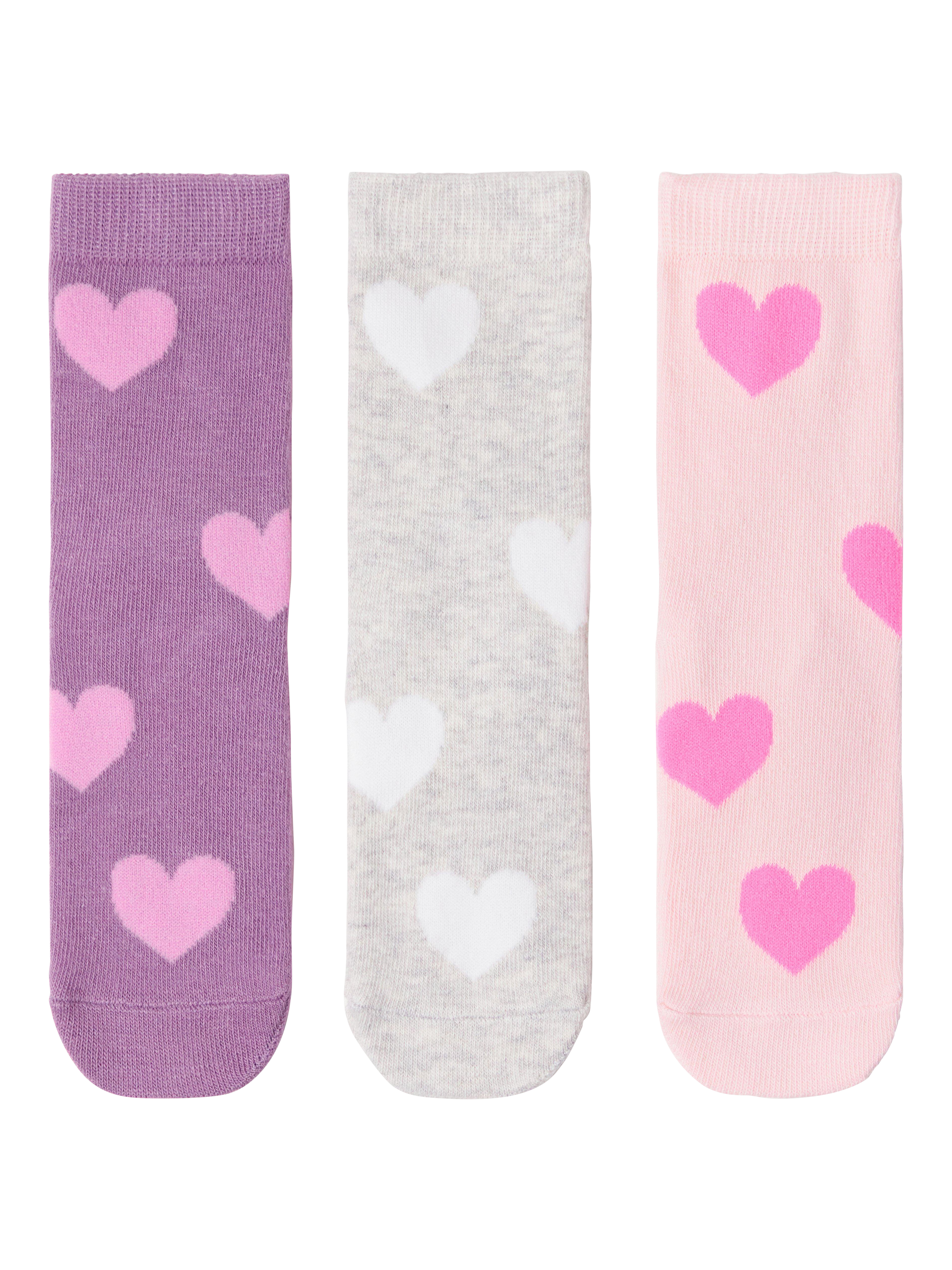 Product image 1 of 3, which shows Lindex Kids' Heart Socks, Pack of 3, Pink/Grey/Purple, 12-24 months