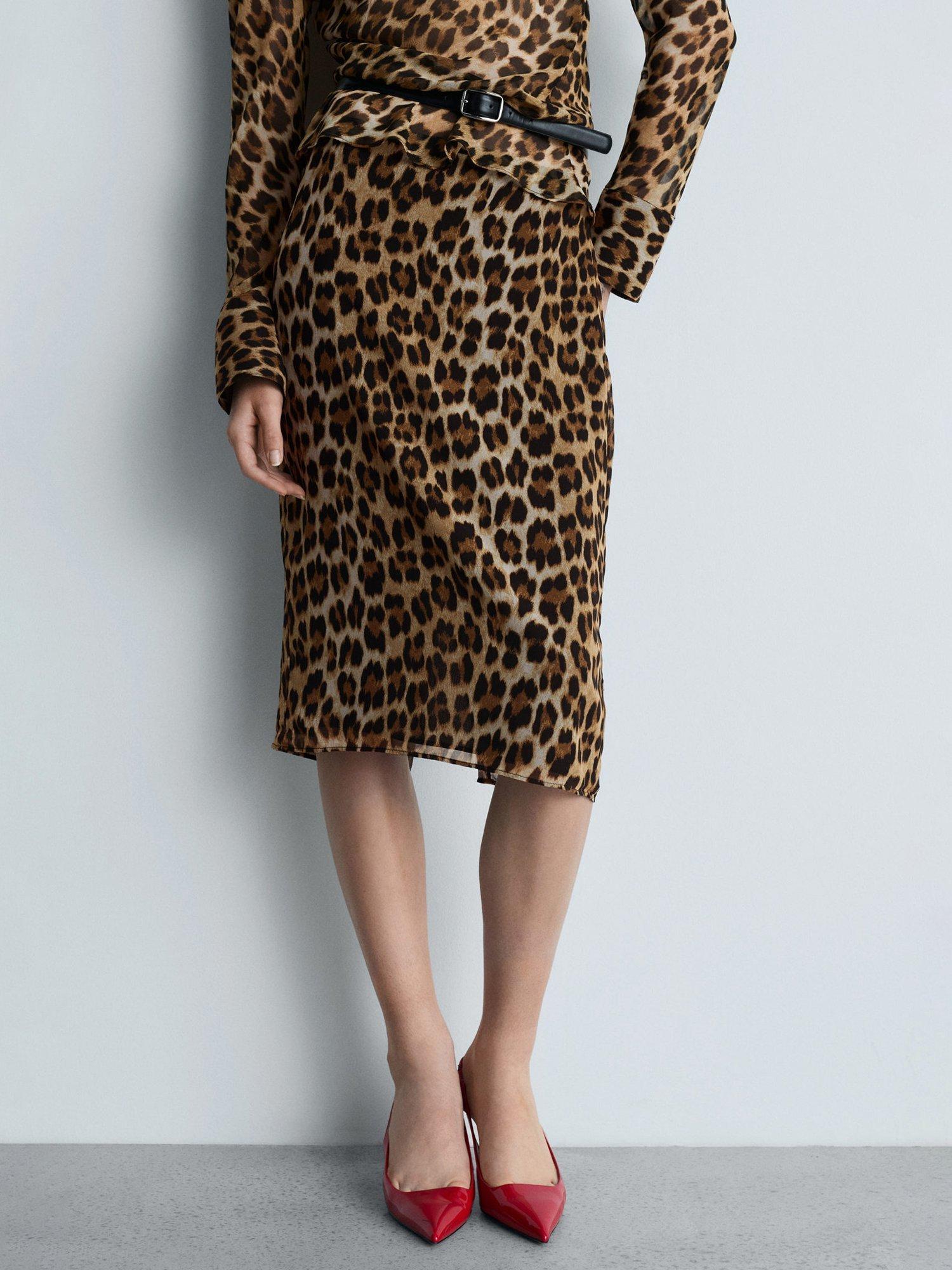 Mango Stark Leopard Print Midi Skirt Brown