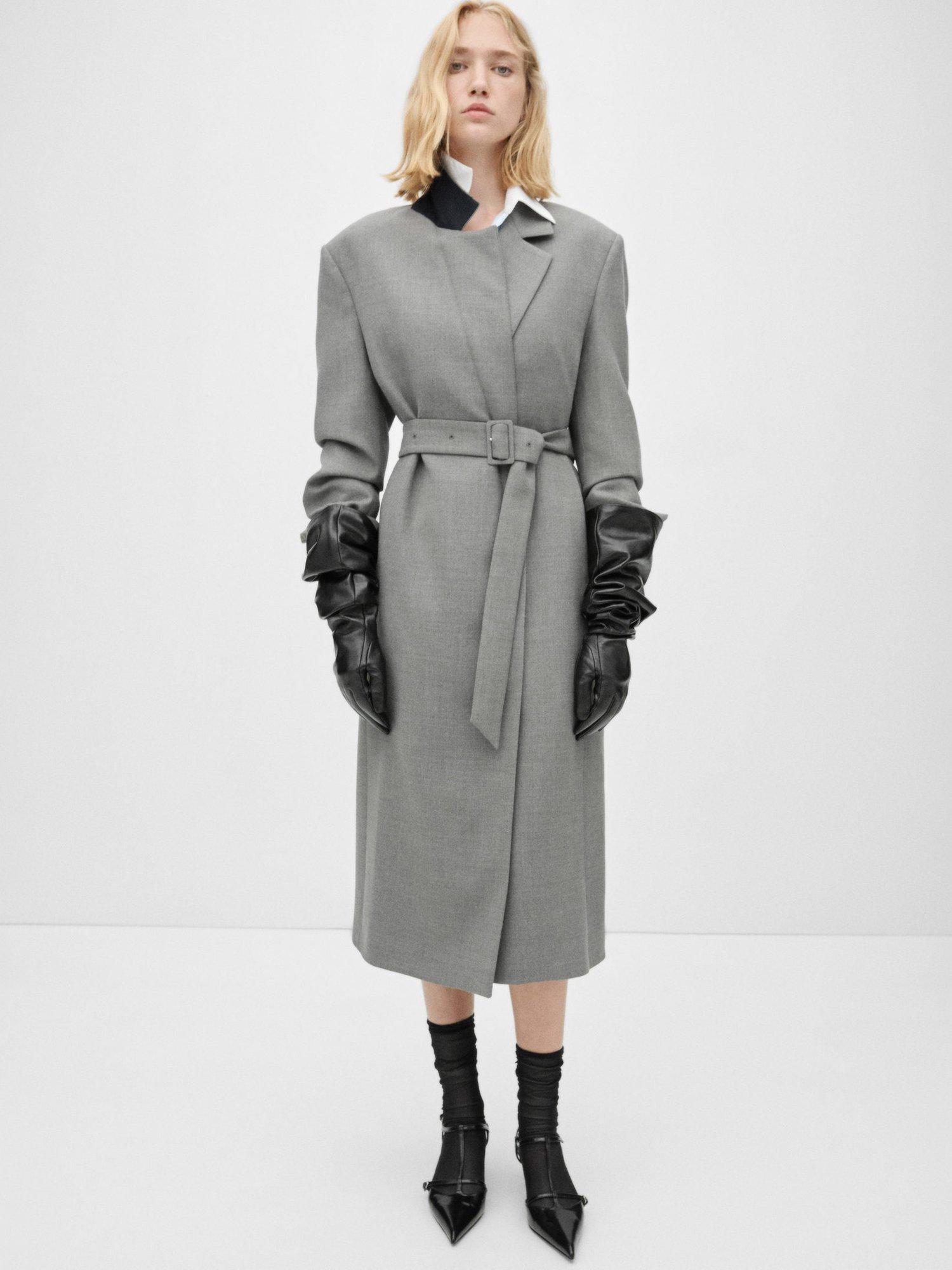 Product image 1 of 7, which shows Mango Kyoto Wool Blend Belted Coat, Grey, S