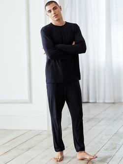 Chelsea Peers Modal Long Crew Neck Pyjama Set, Navy, Navy