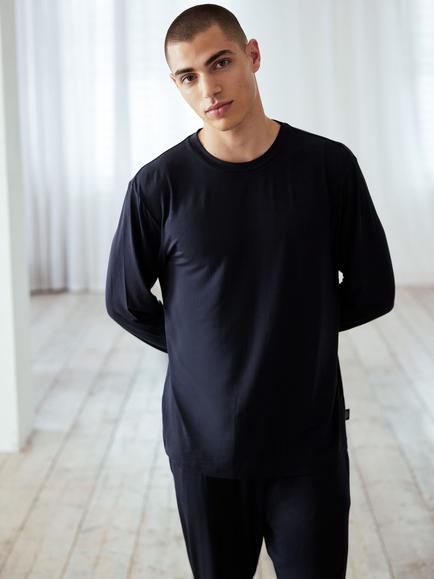 Chelsea Peers Modal Long Crew Neck Pyjama Set, Navy - view 2, Navy