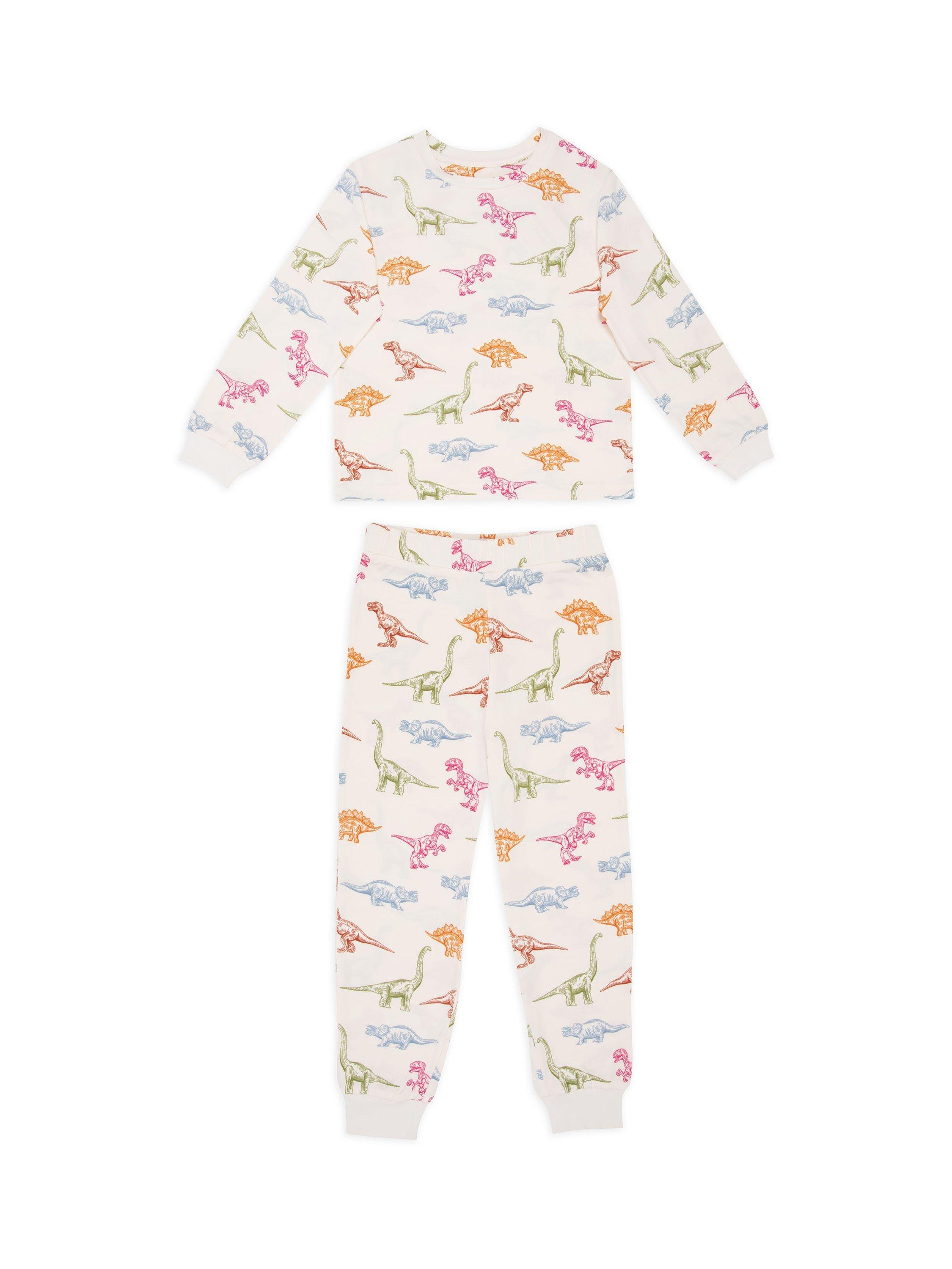 Product image 1 of 3, which shows Chelsea Peers Kids' Dinosaur Long Pyjamas, Off White/Multi, 1-2 years