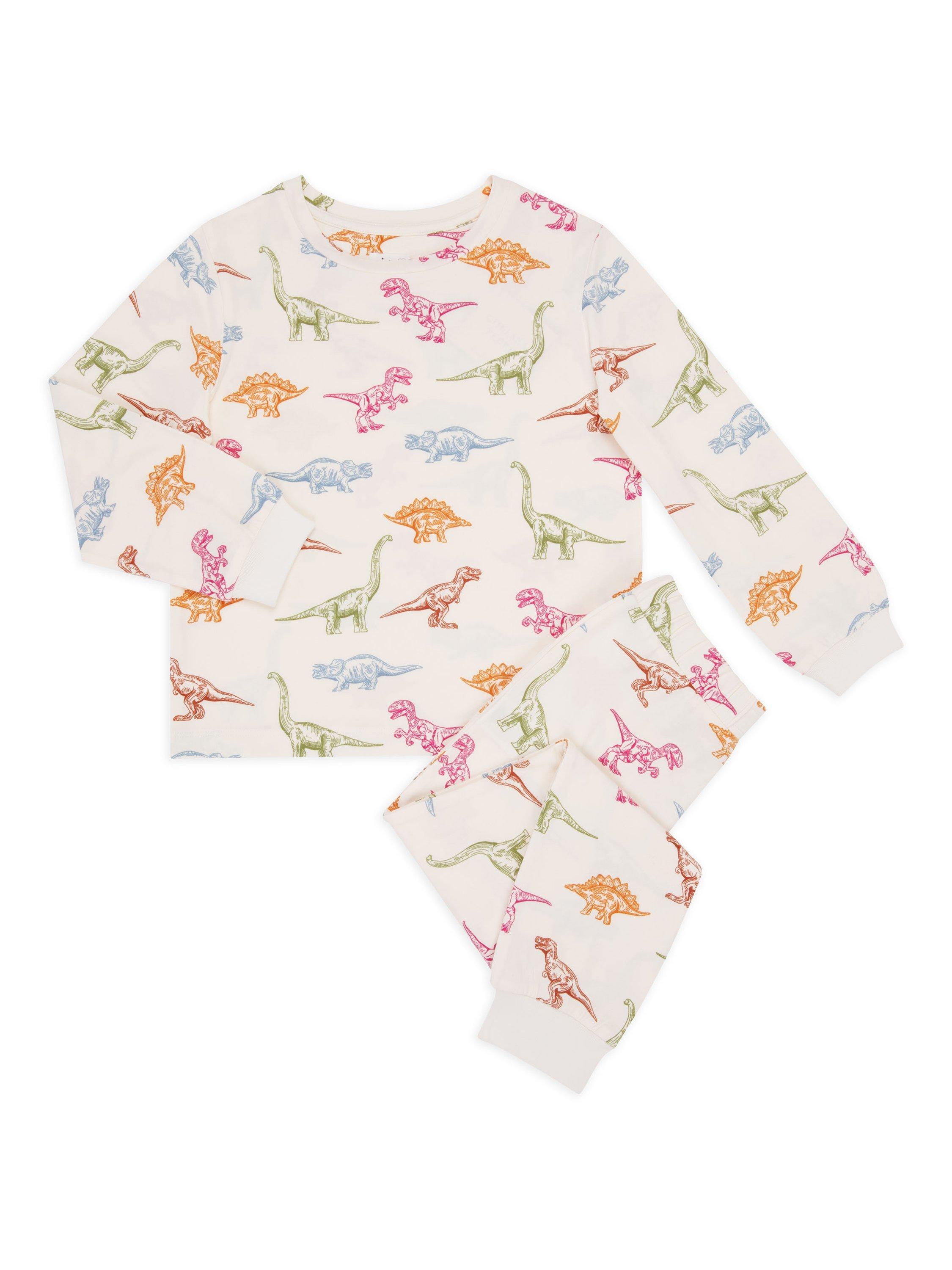 Product image 2 of 3, which shows Chelsea Peers Kids' Dinosaur Long Pyjamas, Off White/Multi, 1-2 years