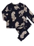 Chelsea Peers Kids' Long Sleeve Crew Leopard Pyjama Set, Navy