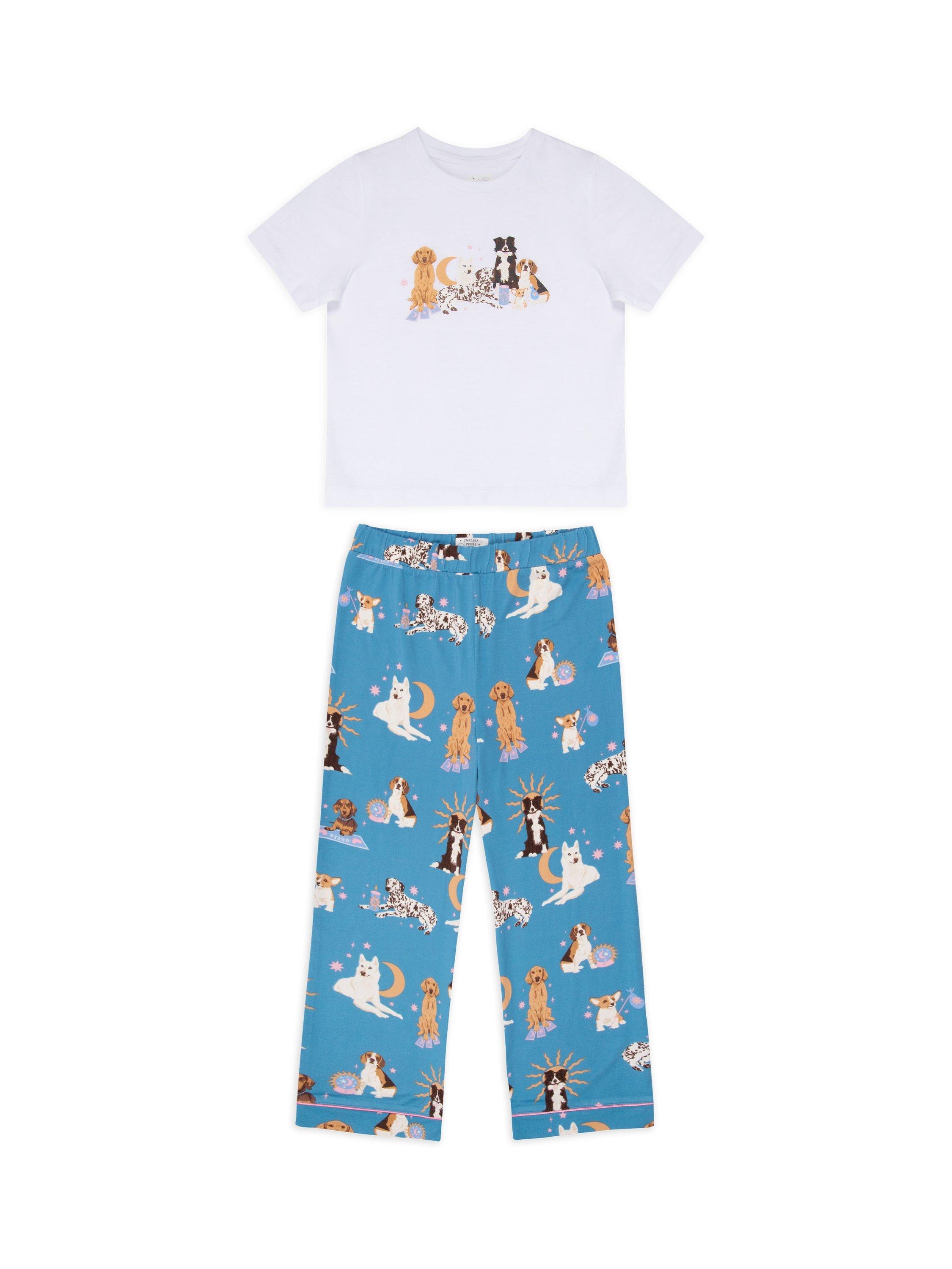 Product image 1 of 3, which shows Chelsea Peers Kids' Mystic Dogs Print Pyjama Set, Blue, 1-2 years