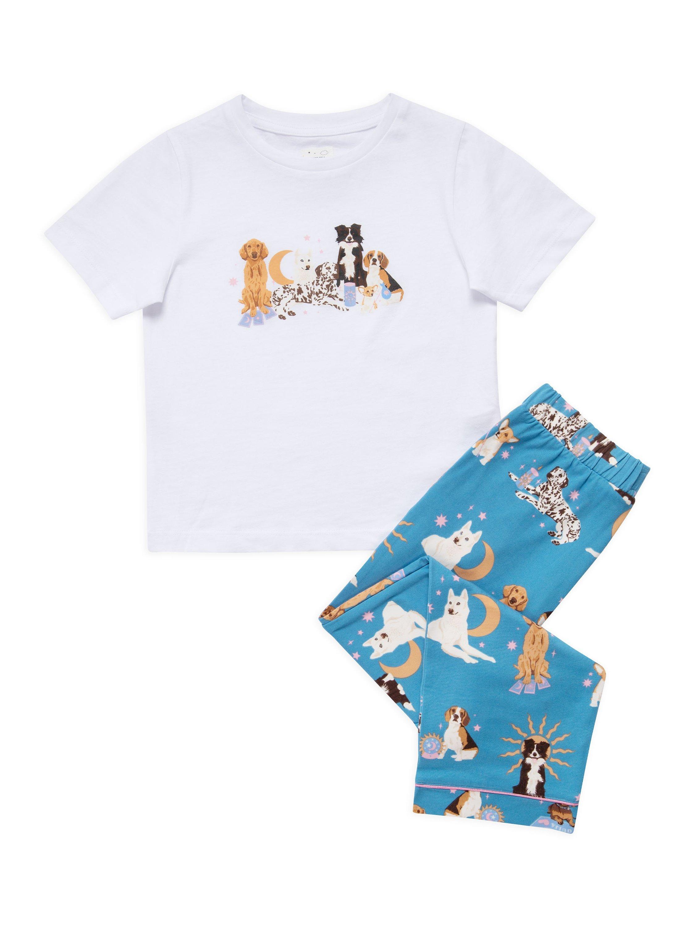 Product image 2 of 3, which shows Chelsea Peers Kids' Mystic Dogs Print Pyjama Set, Blue, 1-2 years