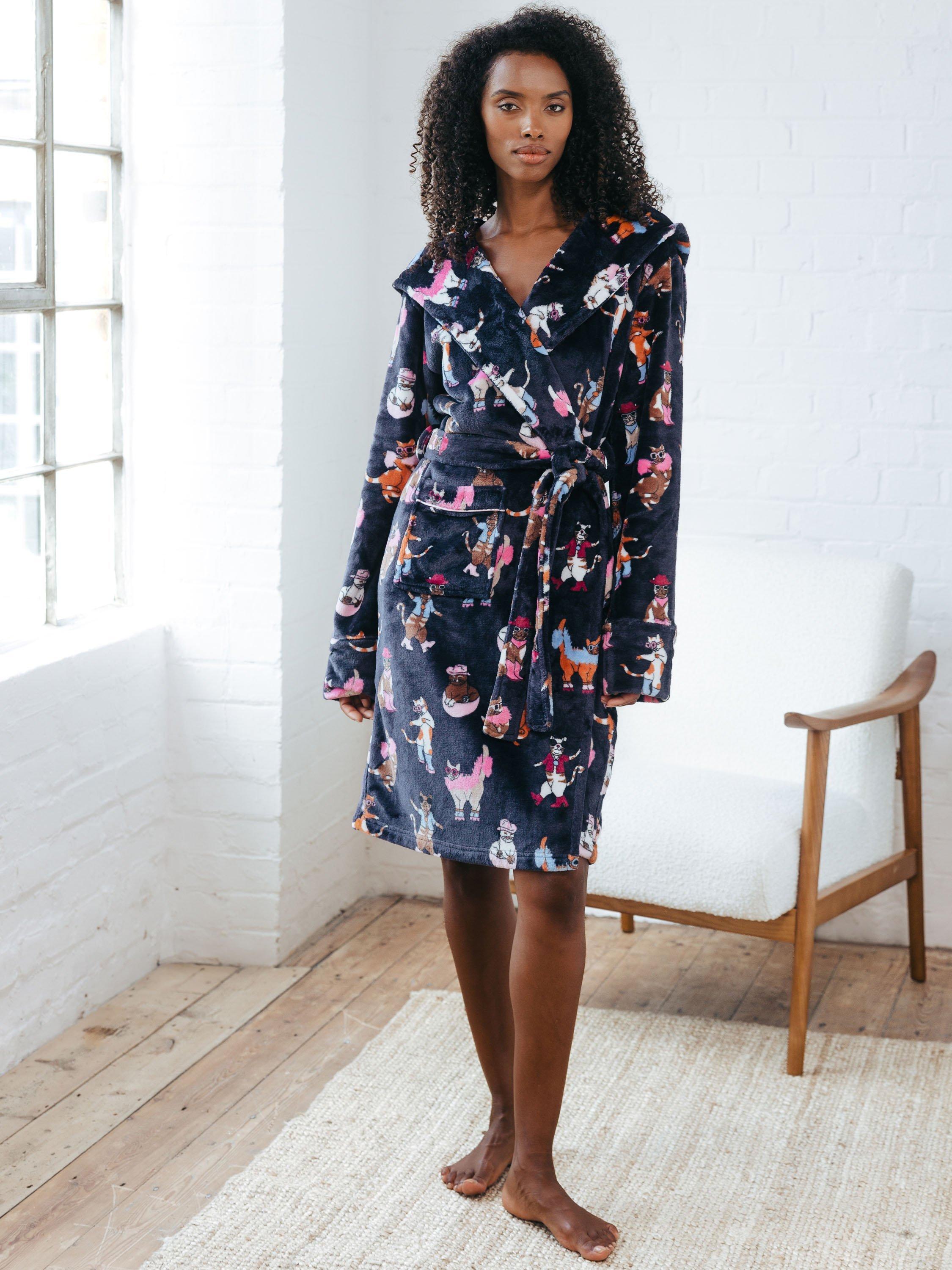 Product image 1 of 6, which shows Chelsea Peers Disco Cats Fleece Dressing Gown, Navy, 10
