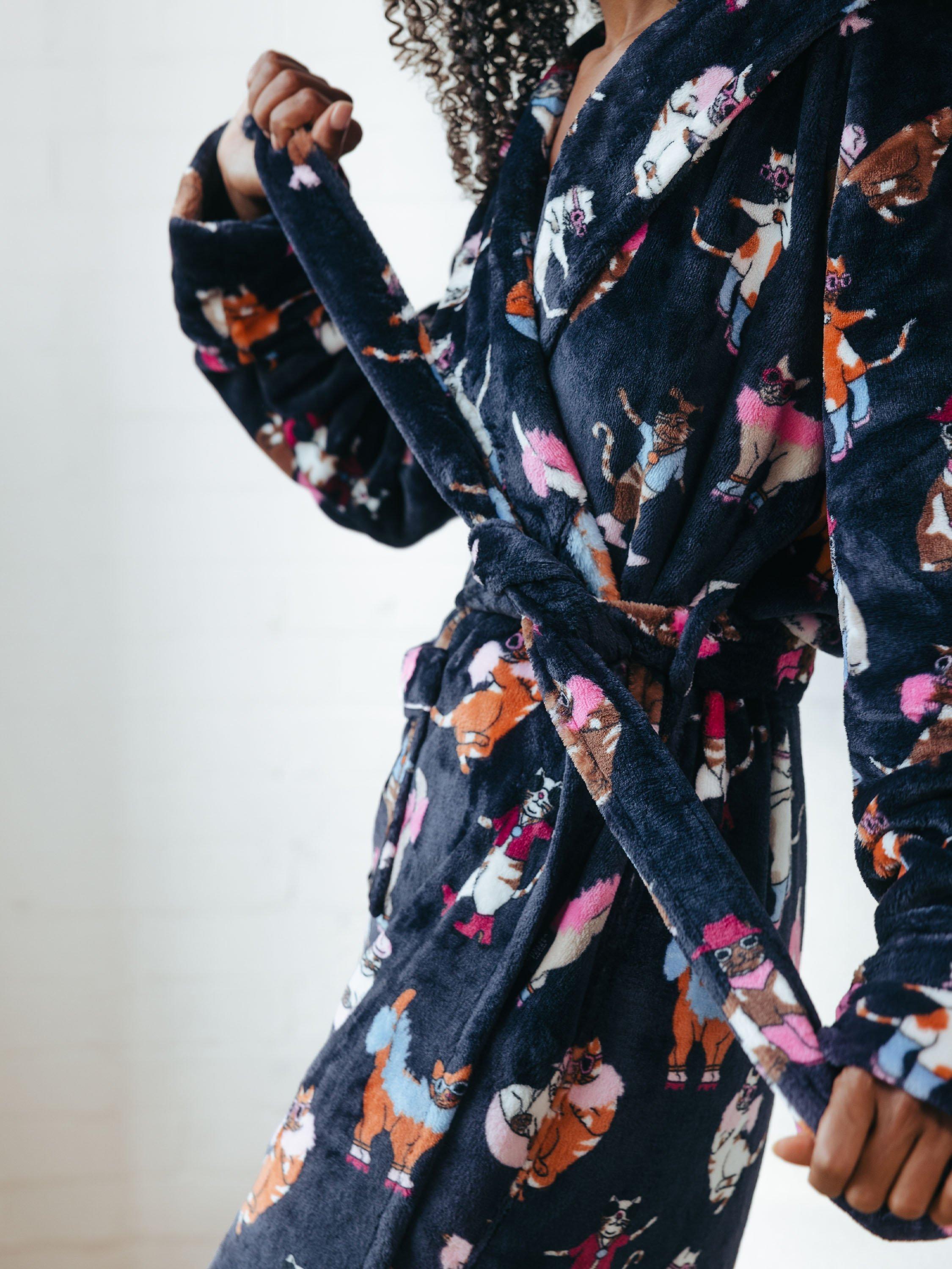 Product image 3 of 6, which shows Chelsea Peers Disco Cats Fleece Dressing Gown, Navy, 10