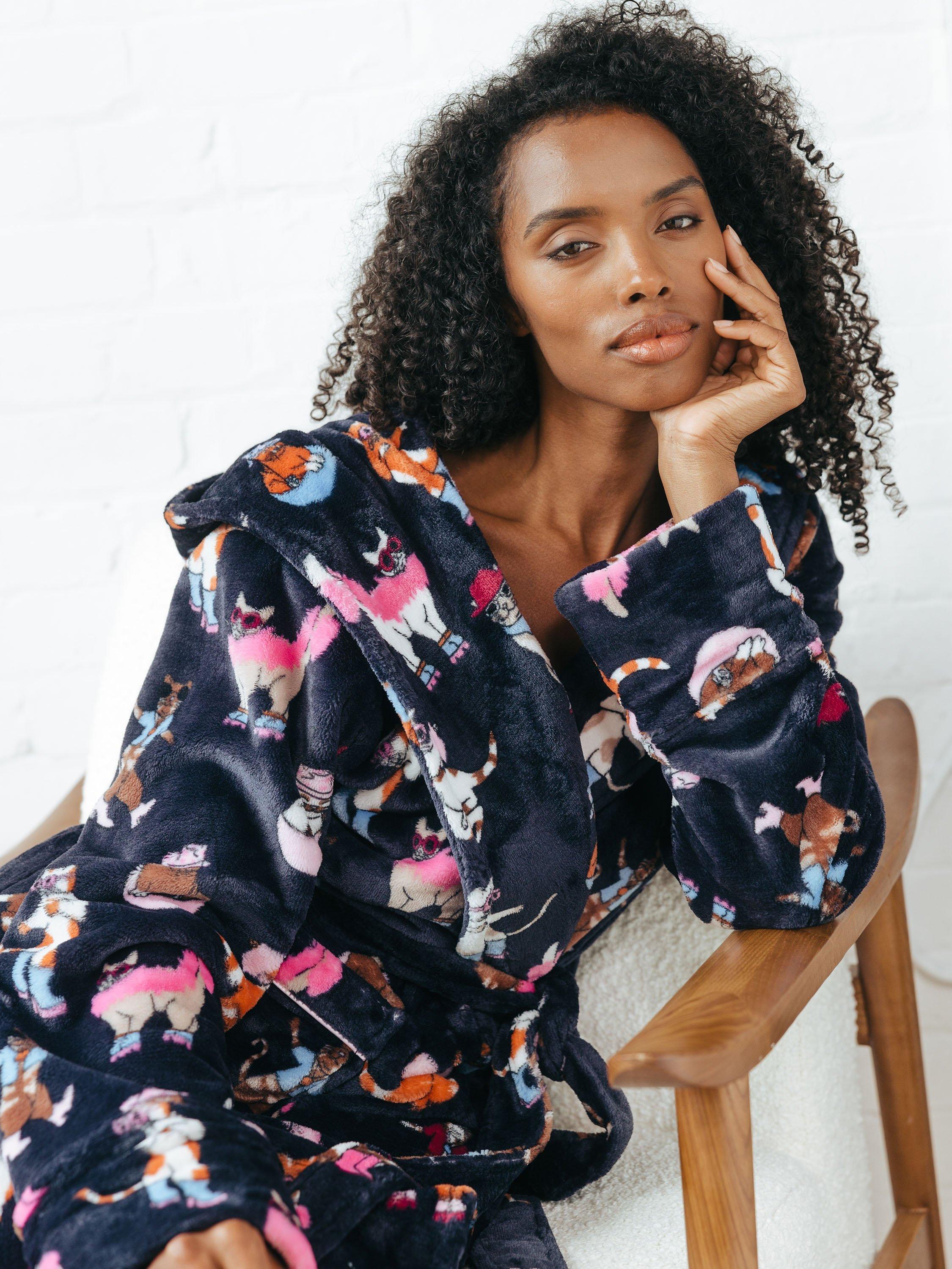 Product image 5 of 6, which shows Chelsea Peers Disco Cats Fleece Dressing Gown, Navy, 10
