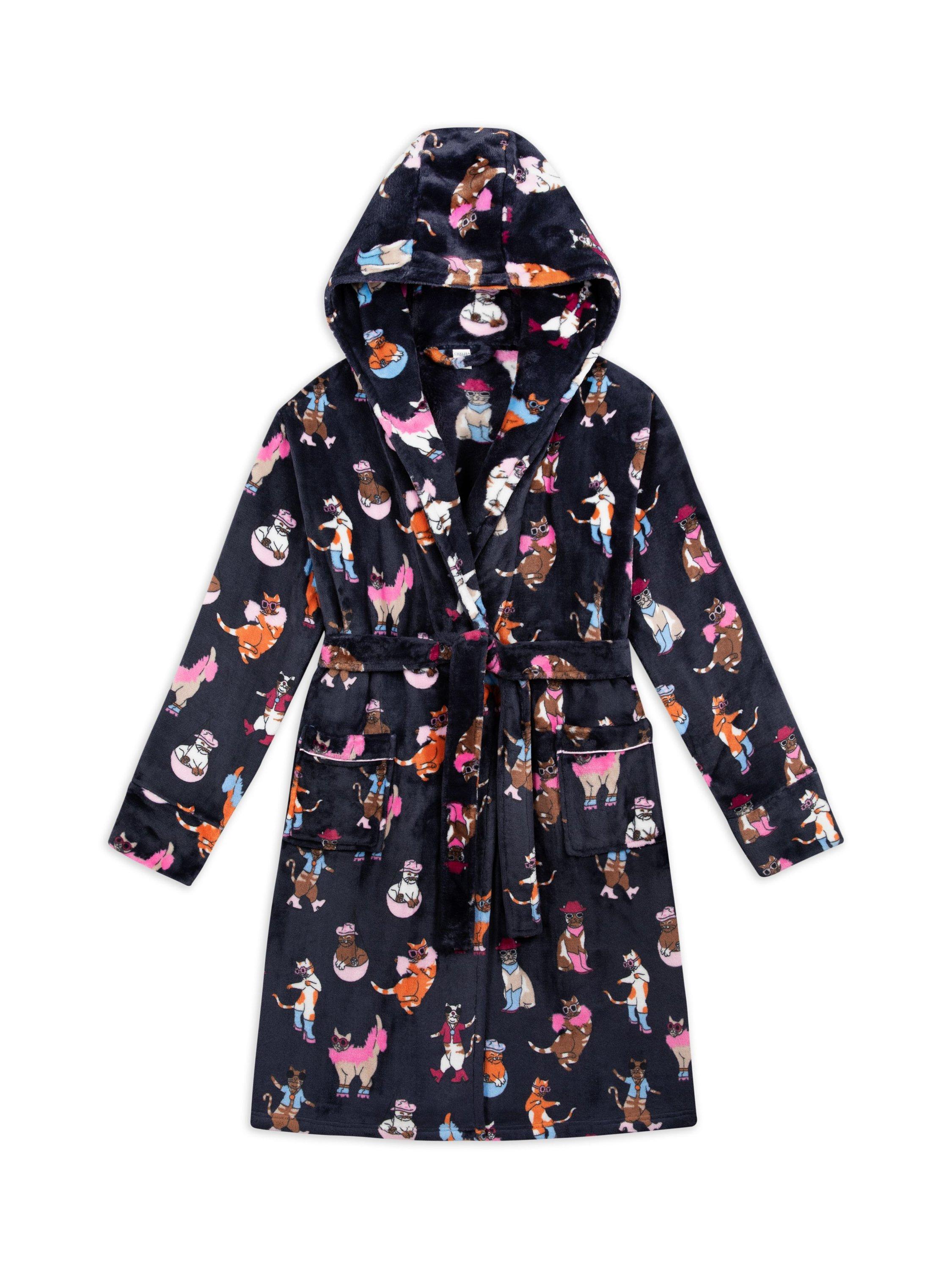 Product image 6 of 6, which shows Chelsea Peers Disco Cats Fleece Dressing Gown, Navy, 10