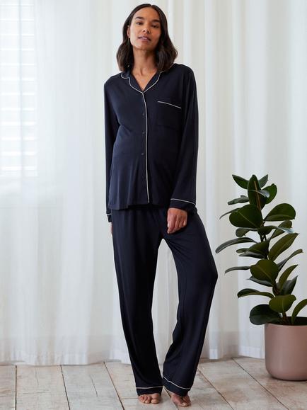 Chelsea Peers Modal Blend Long Maternity Pyjama Set, Navy