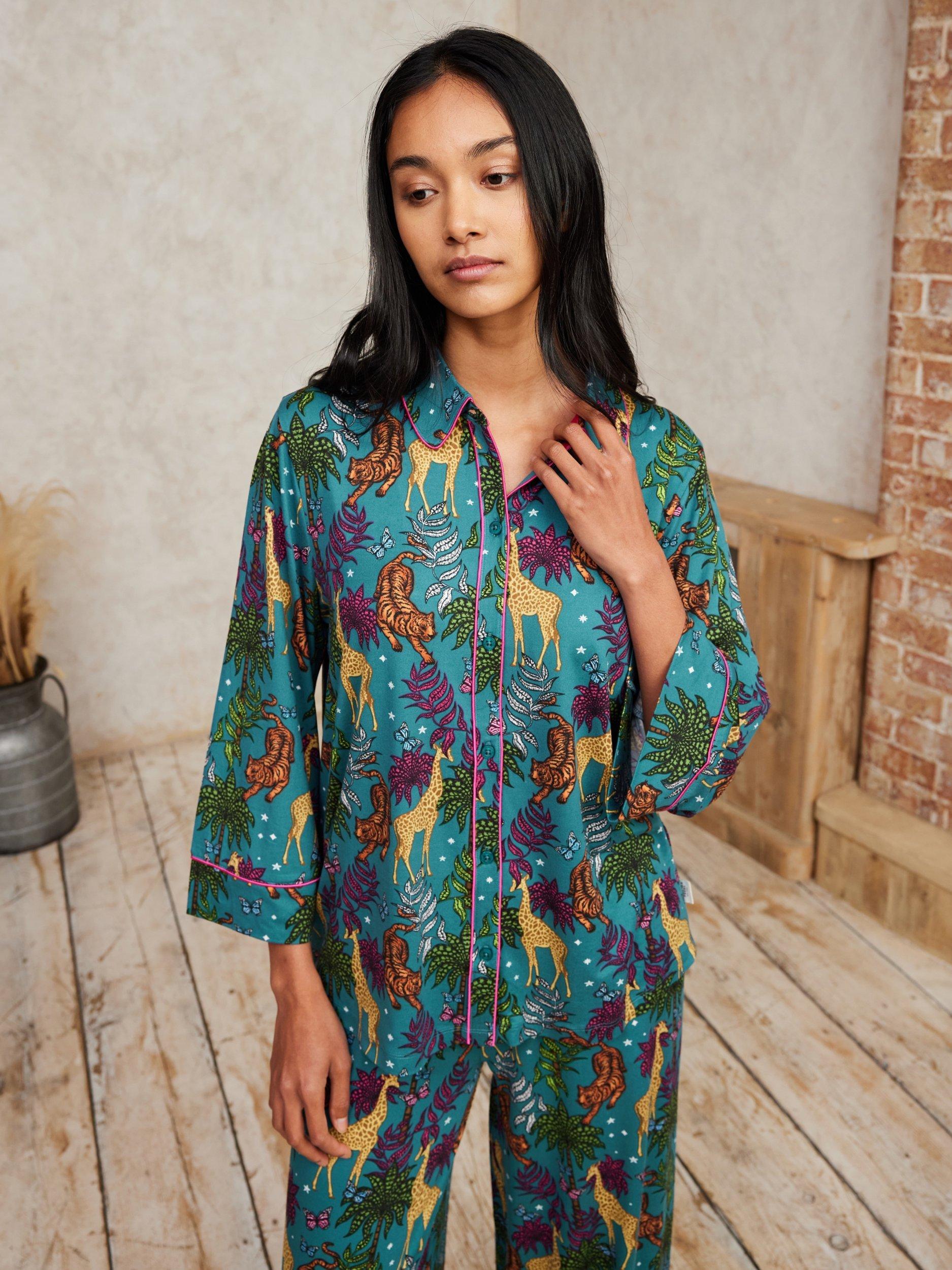 Chelsea Peers Satin Jungle Nights Print Long Button Up Pyjamas, Teal