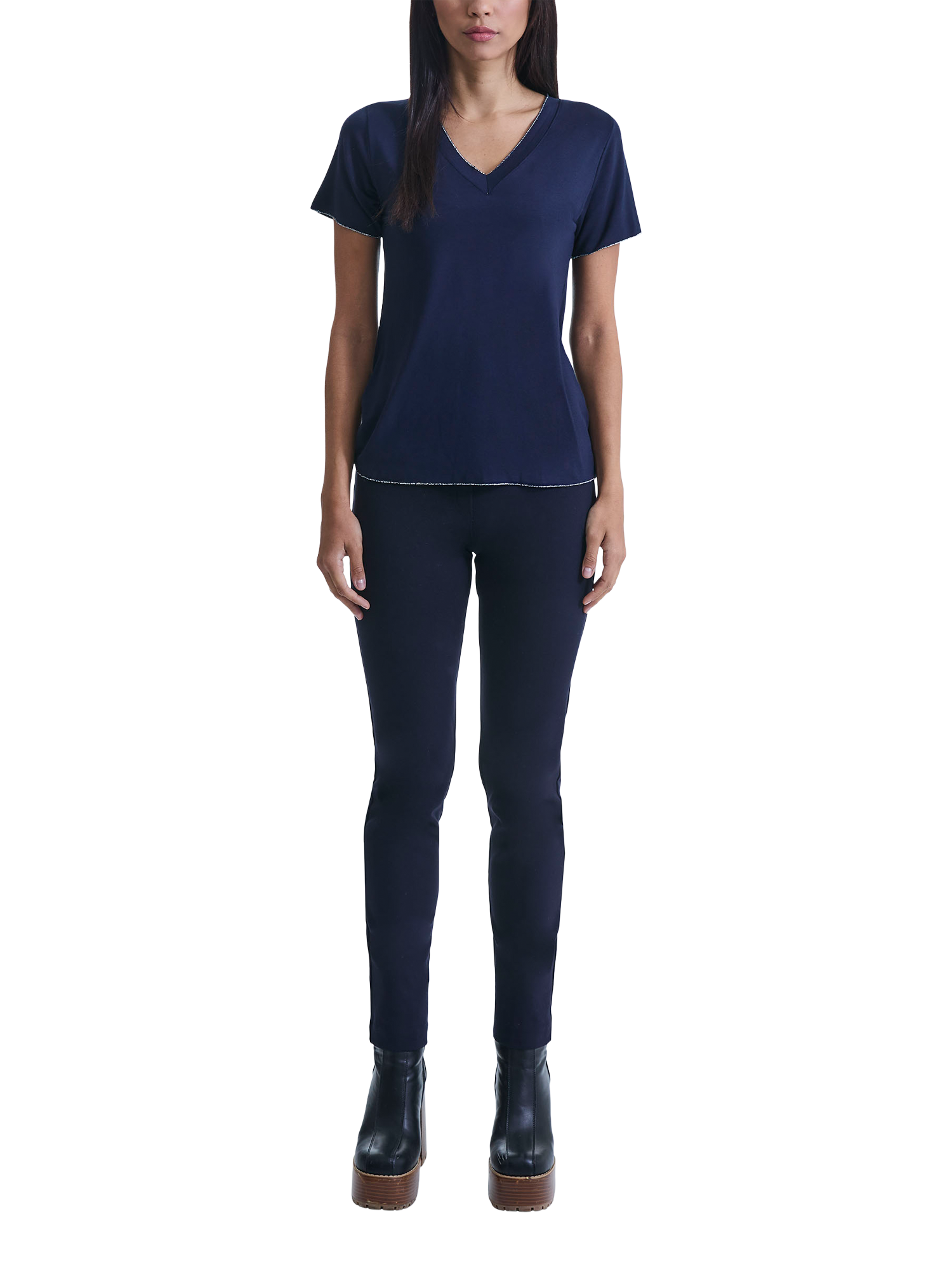 Product image 1 of 4, which shows James Lakeland Metallic Trim V-Neck T-Shirt, Navy, 8