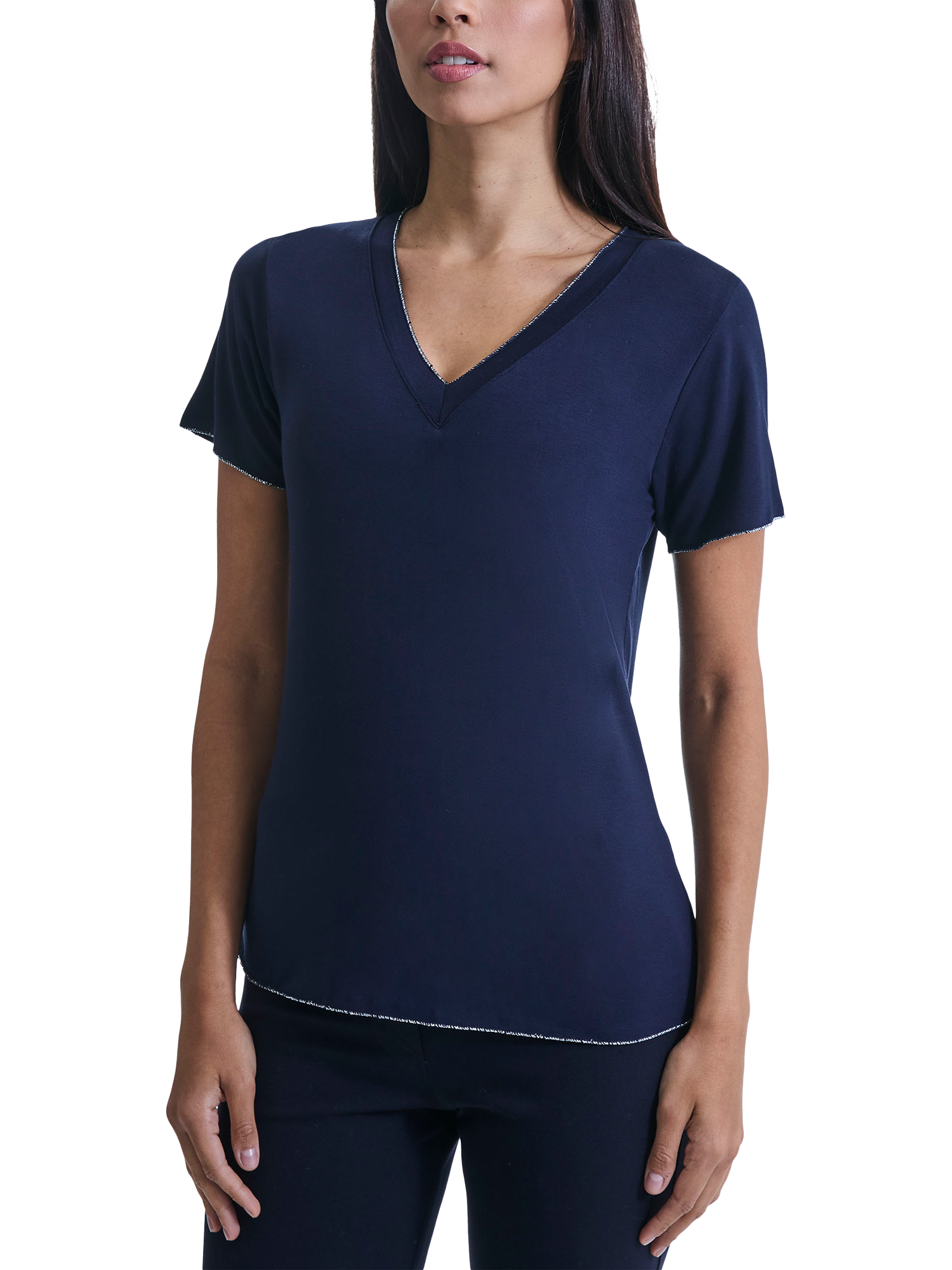 Product image 4 of 4, which shows James Lakeland Metallic Trim V-Neck T-Shirt, Navy, 8