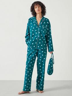 HUSH Amita Polka Dot Button Through Long Pyjama Set, Blue/Aqua