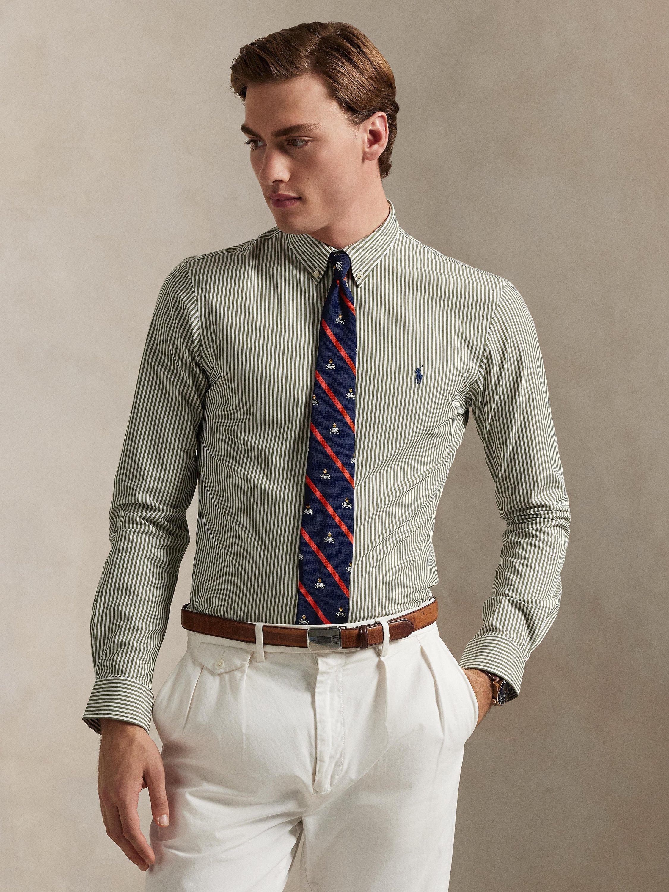 Product image 1 of 5, which shows Polo Ralph Lauren Cotton Blend Custom Slim Fit Stripe Shirt, Golden Trail/White, S