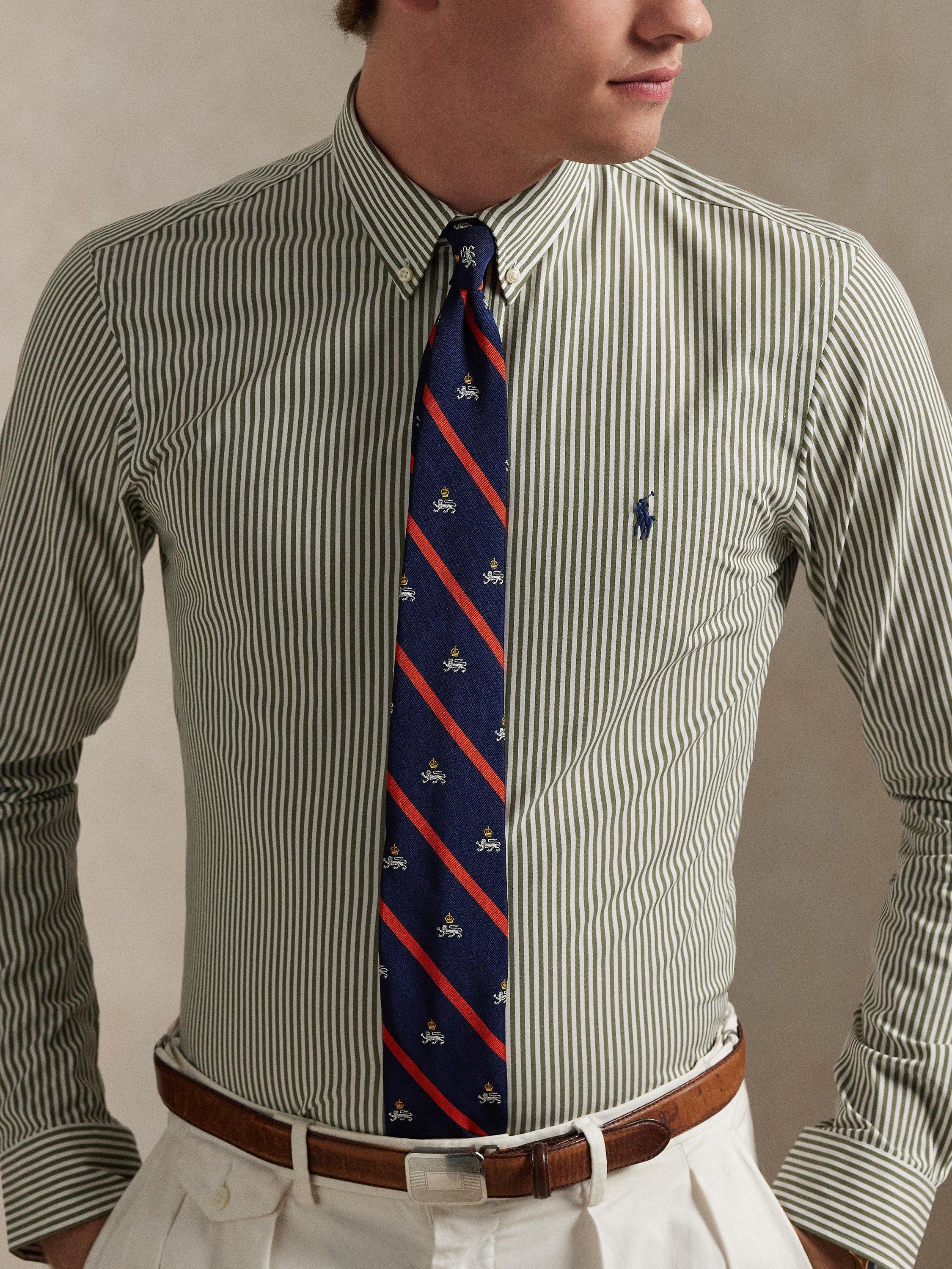 Product image 3 of 5, which shows Polo Ralph Lauren Cotton Blend Custom Slim Fit Stripe Shirt, Golden Trail/White, S
