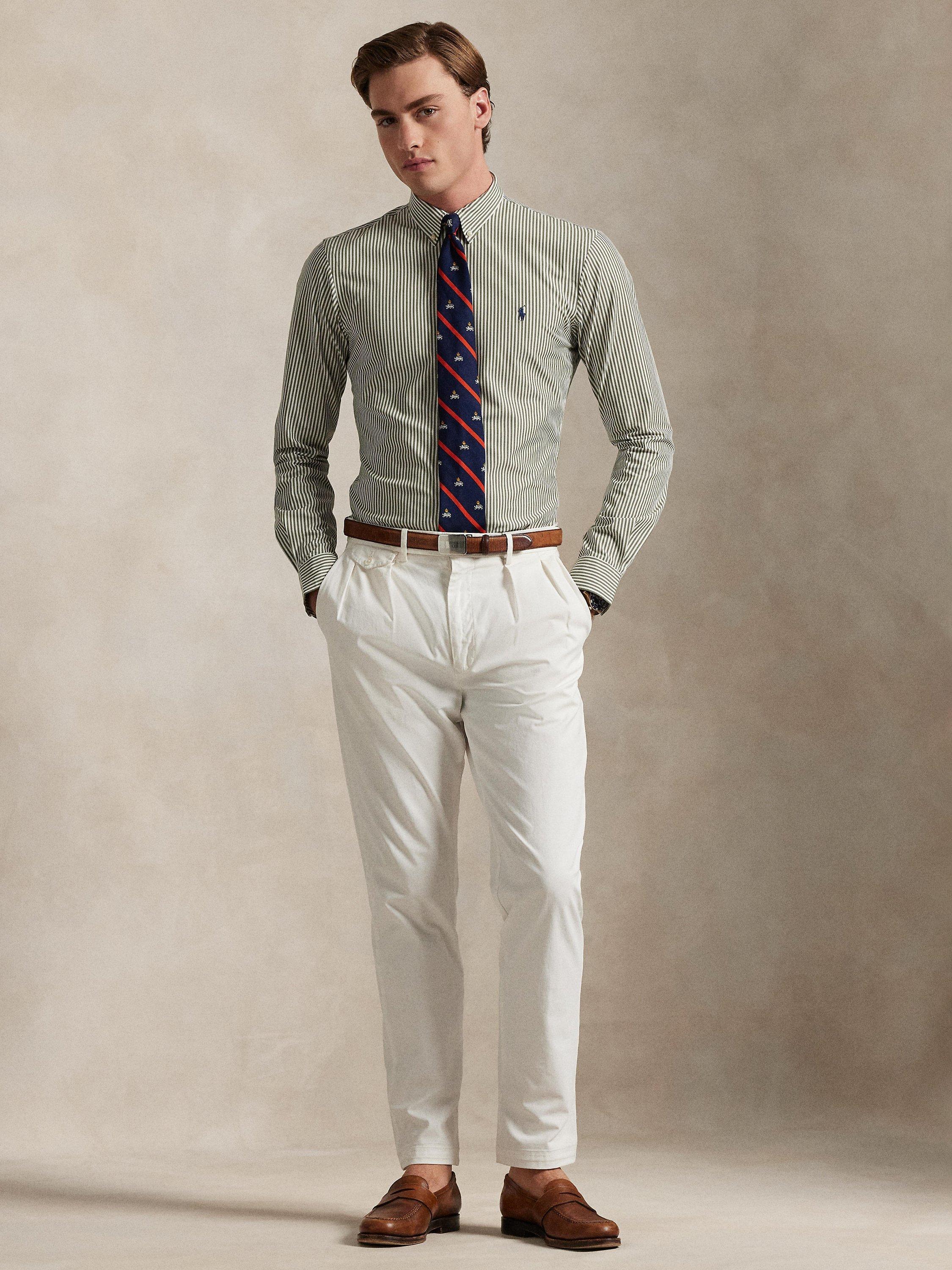 Product image 4 of 5, which shows Polo Ralph Lauren Cotton Blend Custom Slim Fit Stripe Shirt, Golden Trail/White, S