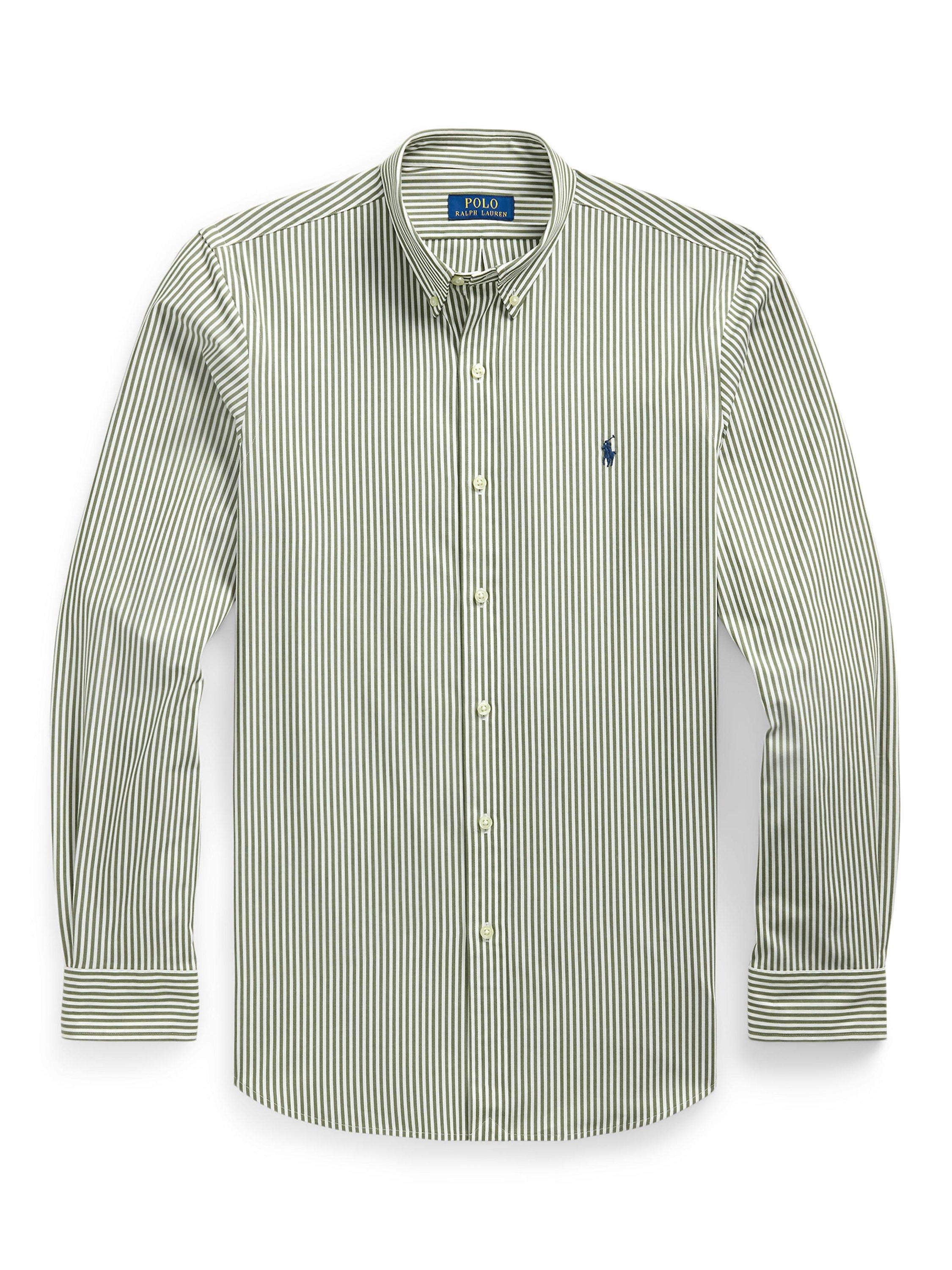 Product image 5 of 5, which shows Polo Ralph Lauren Cotton Blend Custom Slim Fit Stripe Shirt, Golden Trail/White, S