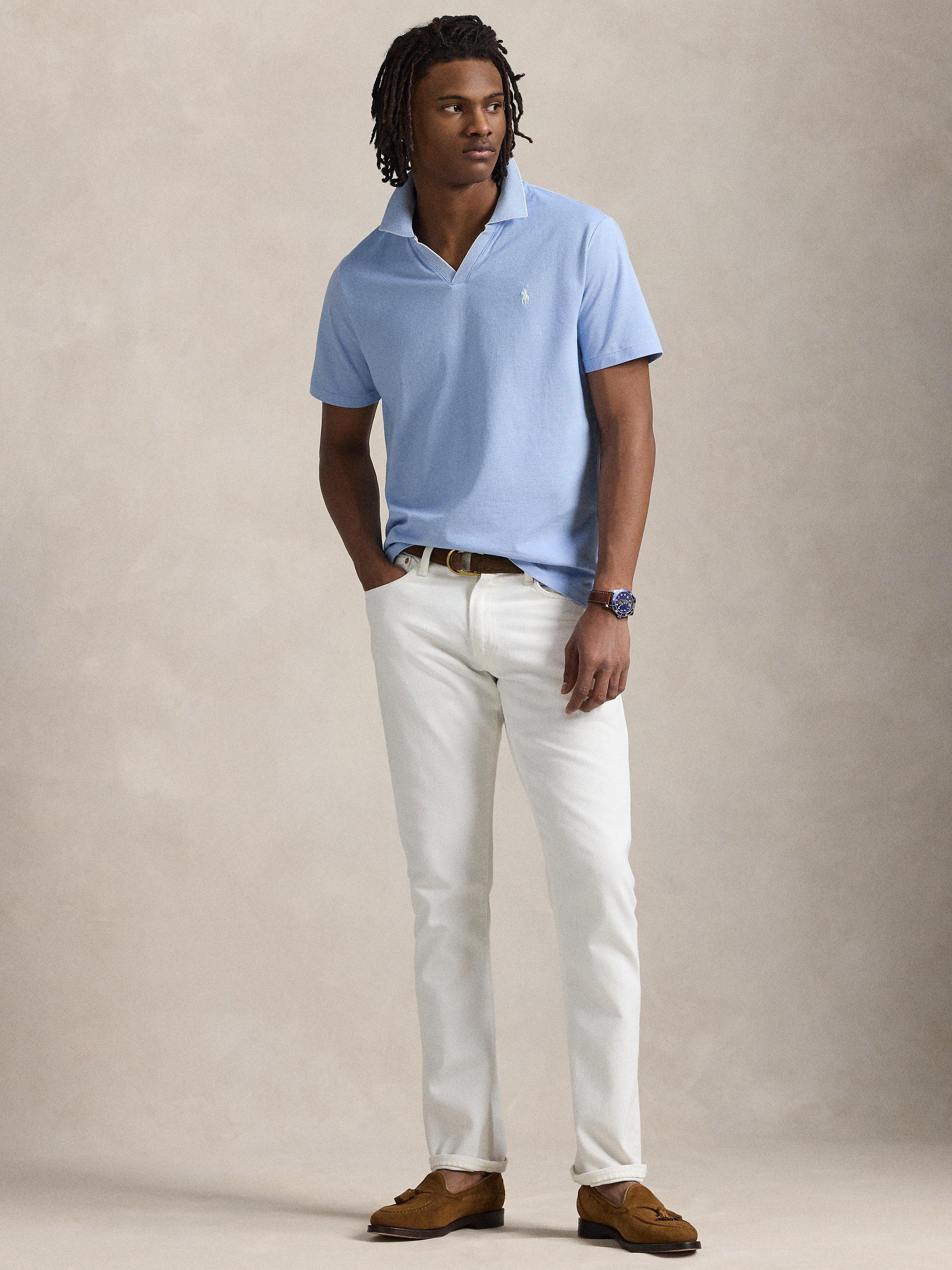 Product image 4 of 5, which shows Polo Ralph Lauren Johnny Cotton Regular Fit Short Sleeve Polo Shirt, Sky Blue/White, S
