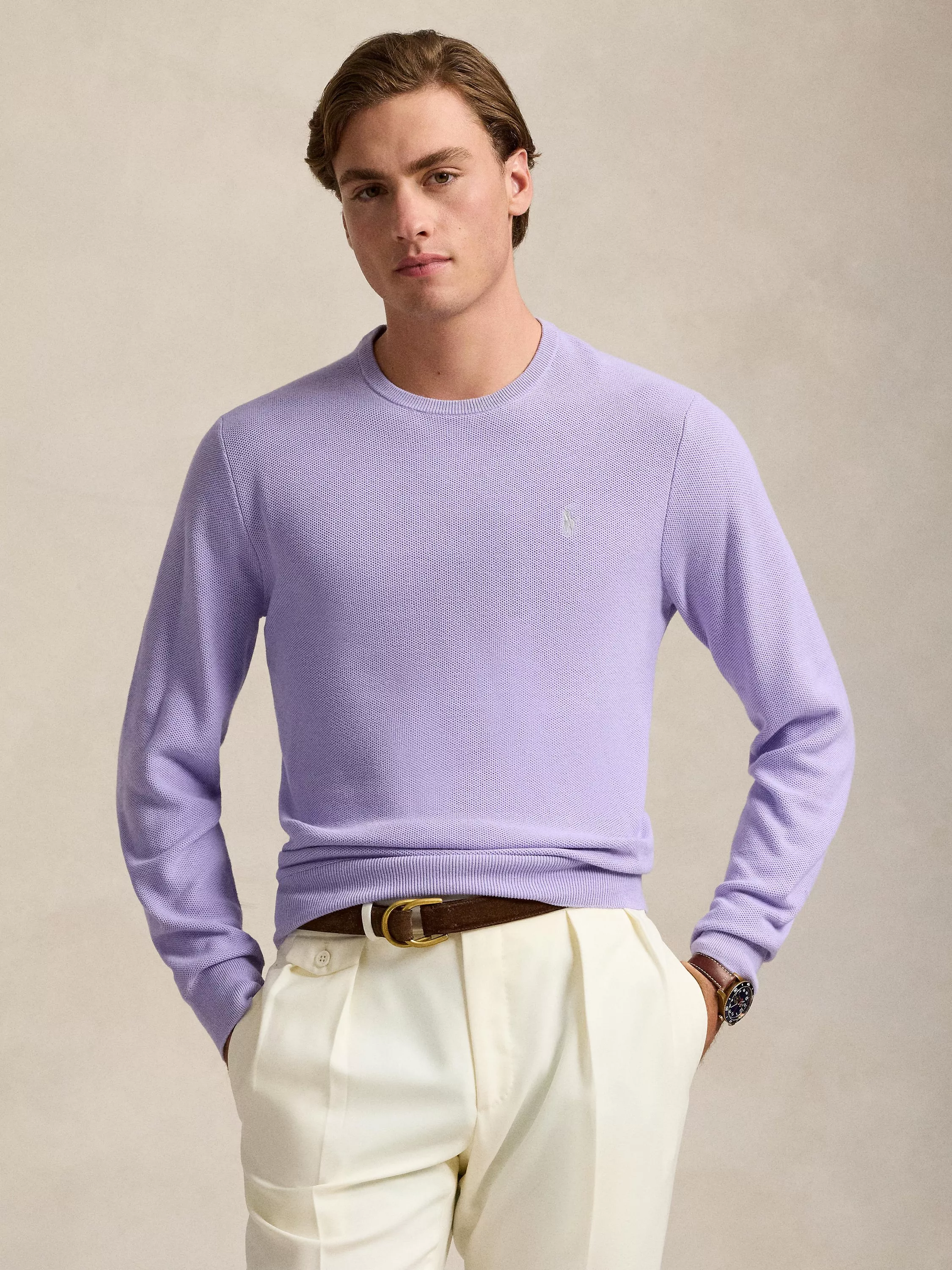 Polo Ralph Lauren Textured Cotton Crew Neck Jumper, Sky Lavender
