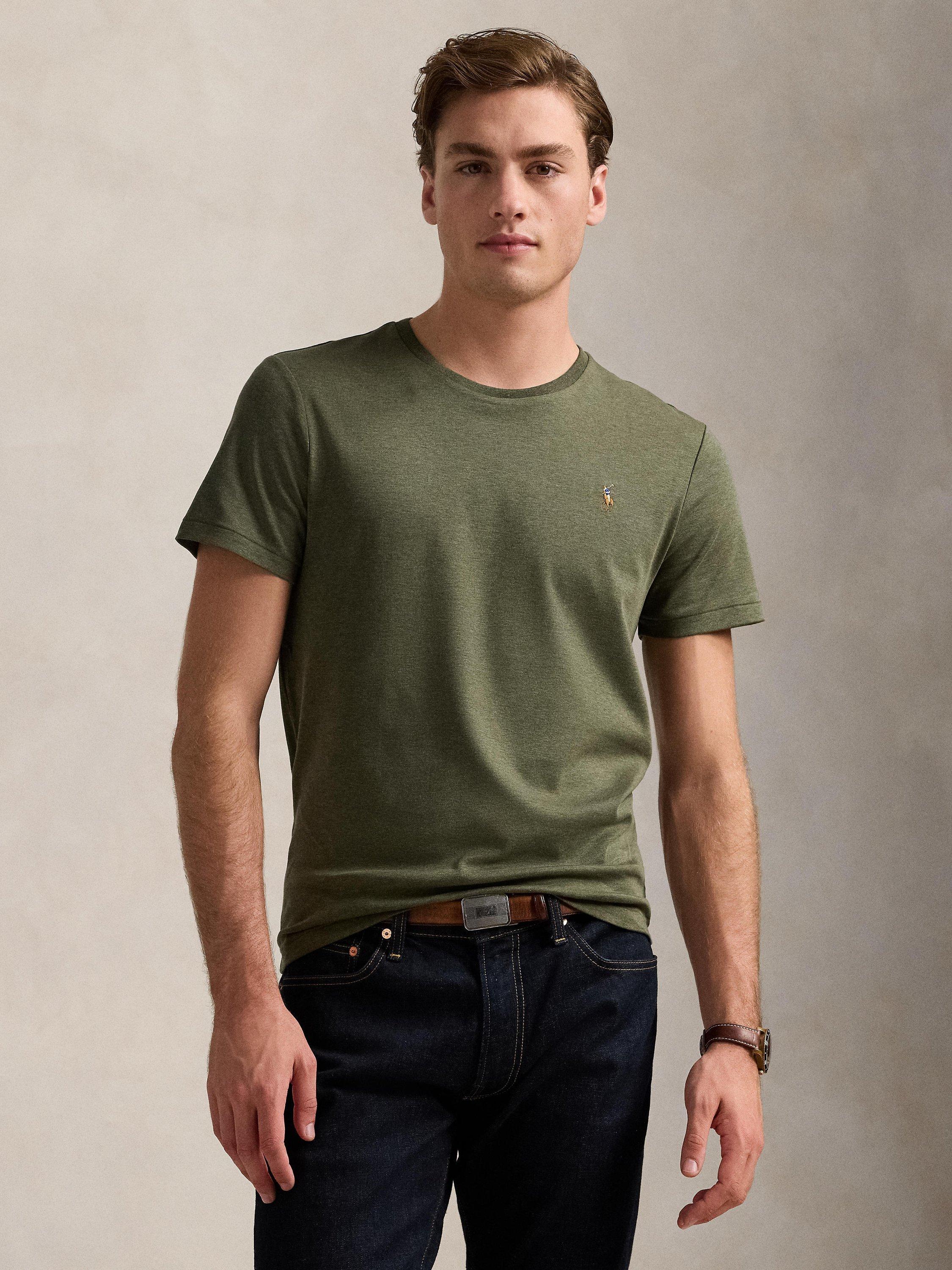 Product image 1 of 5, which shows Polo Ralph Lauren Cotton Custom Slim Fit Short Sleeve T-Shirt, Service Green Htr, S