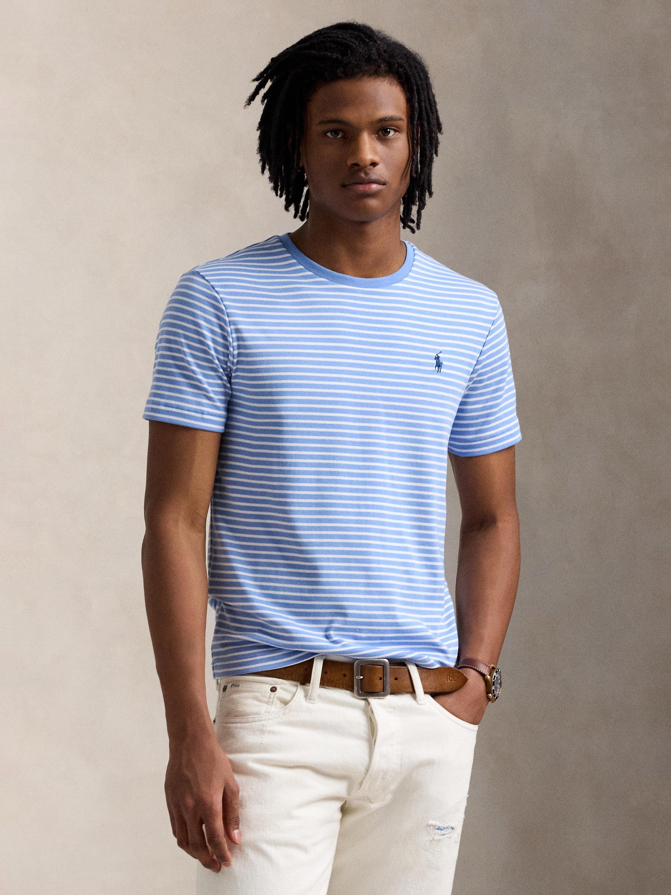 Polo Ralph Lauren Cotton Regular Fit Short Sleeve Stripe T Shirt Sky Blue White