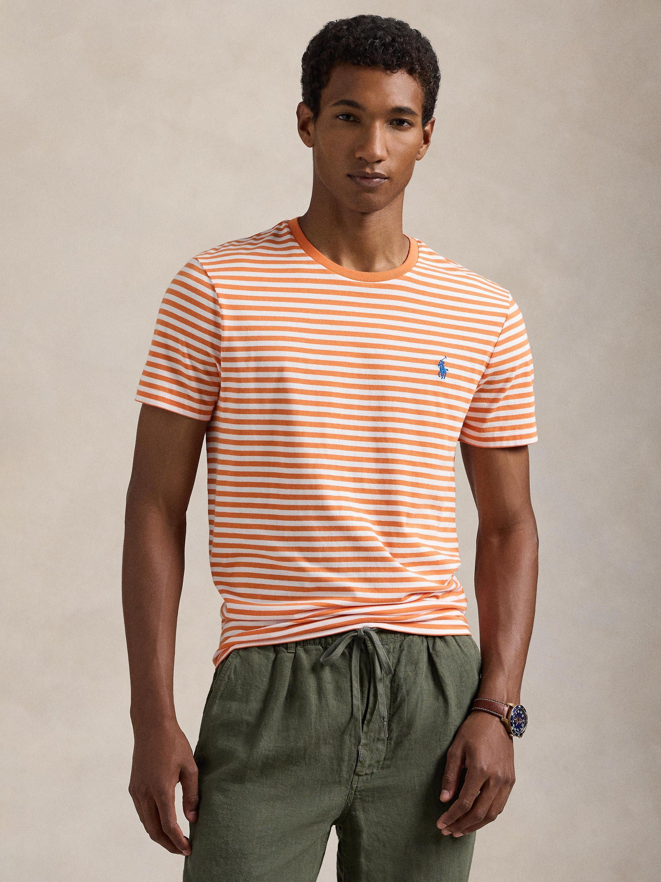 Product image 1 of 5, which shows Polo Ralph Lauren Cotton Regular Fit Short Sleeve Stripe T-Shirt, Kona Orange/White, XL