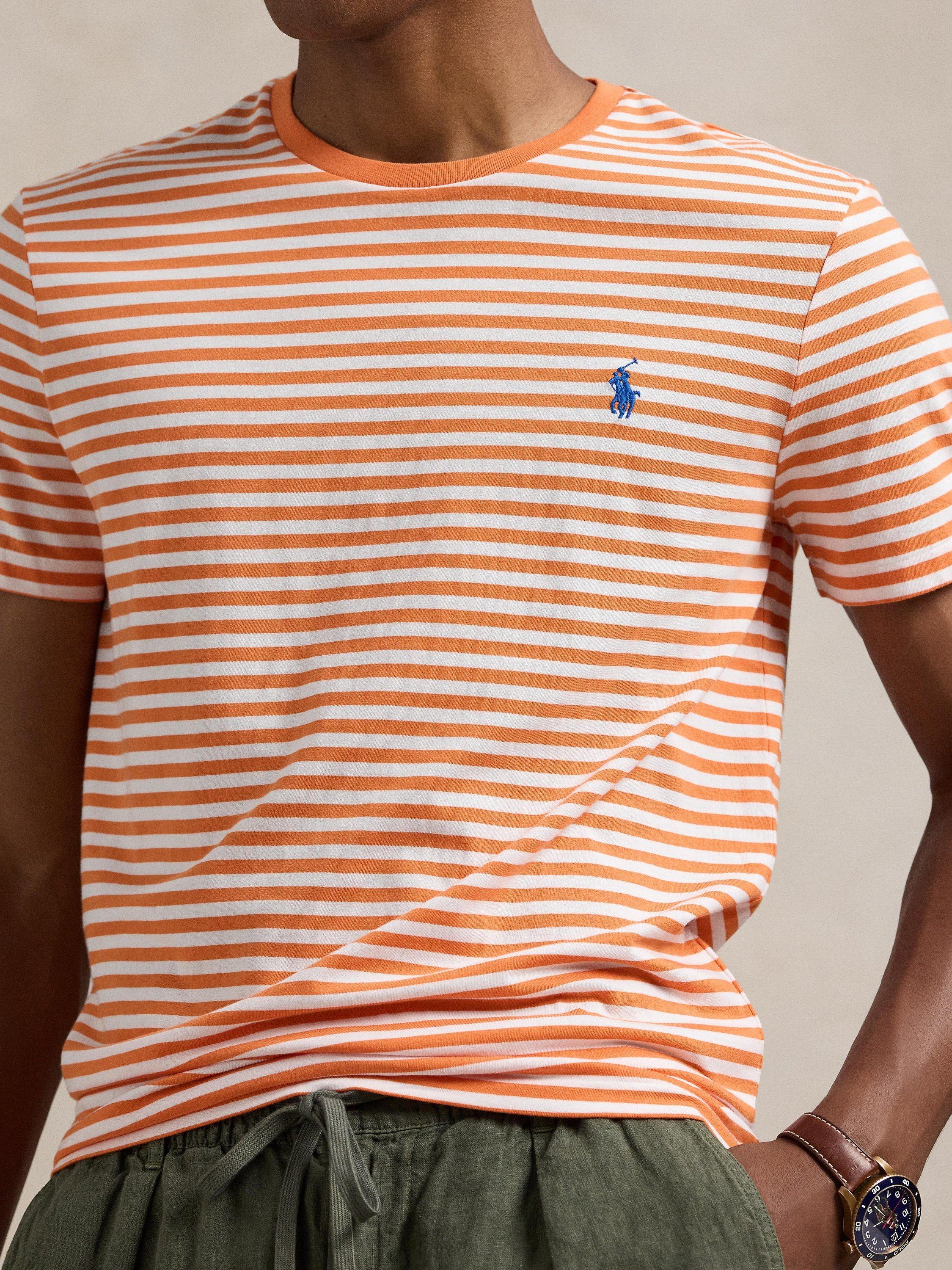 Product image 3 of 5, which shows Polo Ralph Lauren Cotton Regular Fit Short Sleeve Stripe T-Shirt, Kona Orange/White, XL